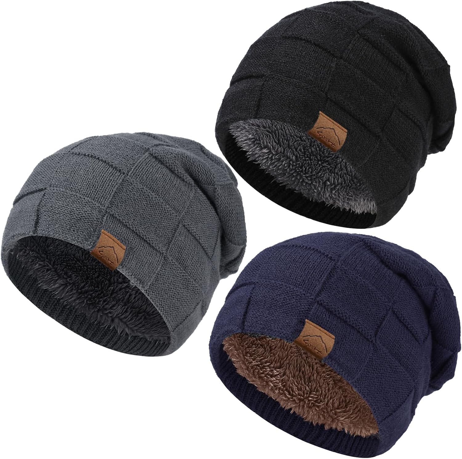 Kids Winter Beanie Hats 3 Packs, Warm Skull Cap Cozy Fleece Lined for Boys Girls 4-15Y Slouchy Beanie Windproof Knitted Hat