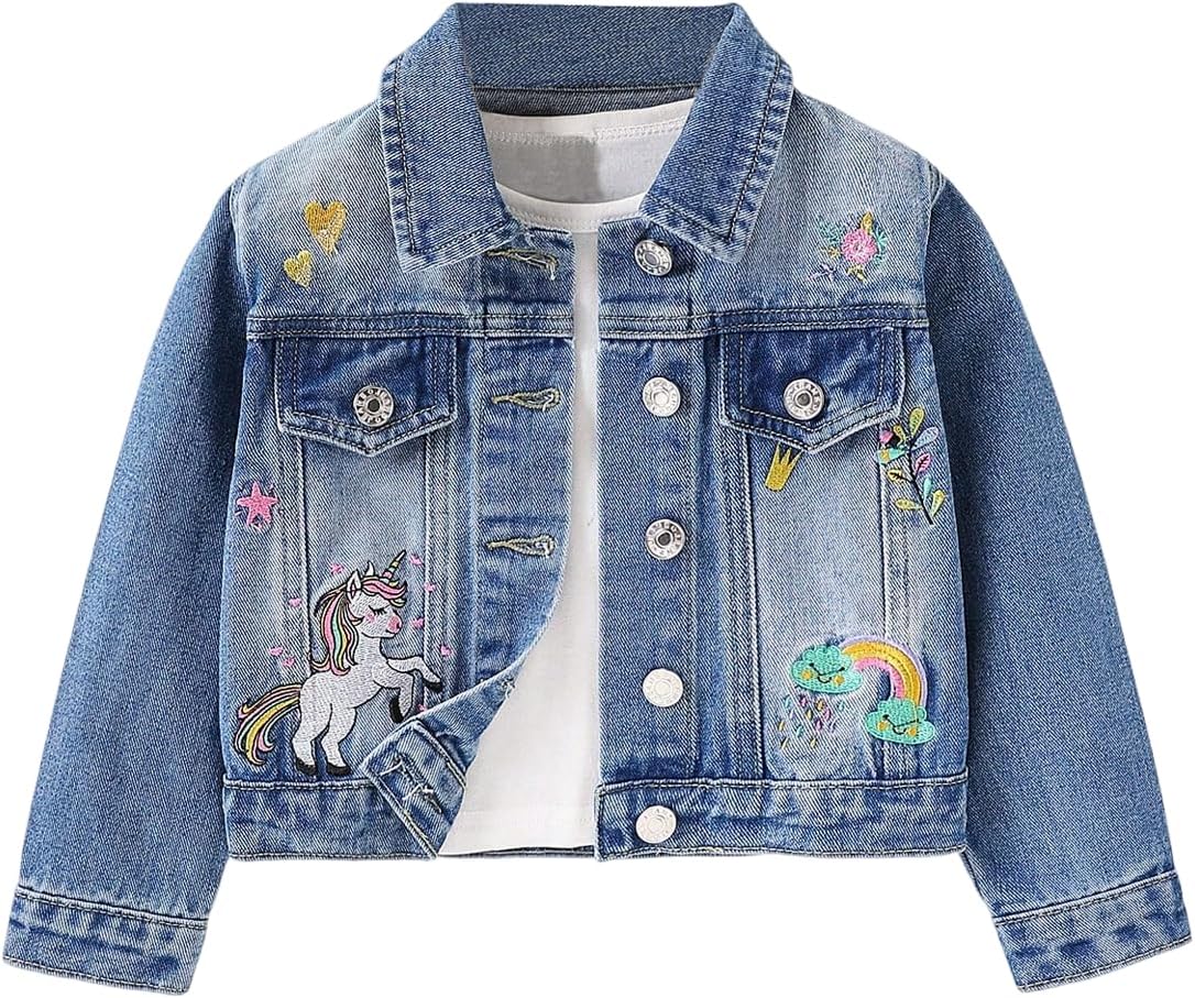 Verdusa Girl’s Jean Jacket Cute Embroidery Denim Jackets Long Sleeve Button Down Spring Fall Outerwear