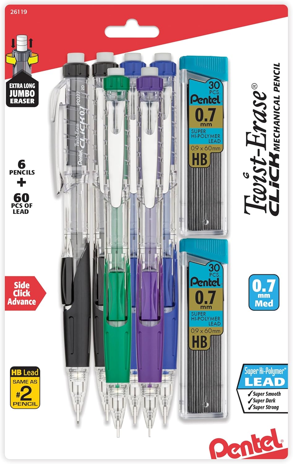 Pentel Twist-Erase Click Mechanical Pencil (0.7mm), Pack of 6 Pencils with 2 Pack of Lead Refills (PD277TLBPS6M)