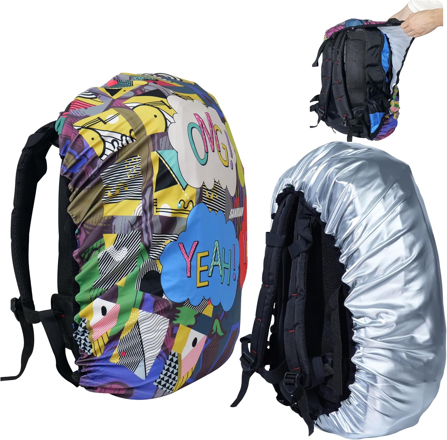 SANDIAN, Waterproof Backpack Rain Cover, Reversible, Durable, Omni Direction Stretch One Size Fits Most Multipacks, Silver Reflective and Design, Great for Schooling Commuter Hiking Backpacking
