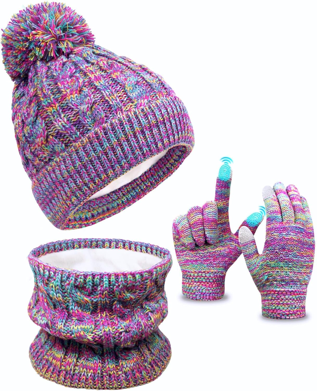Kids Winter Hat Gloves Scarf Set, Toddler Children Girls Boys Beanie Hat Knitted Mittens & Neck Gaiter Warmer for Kids 3-10