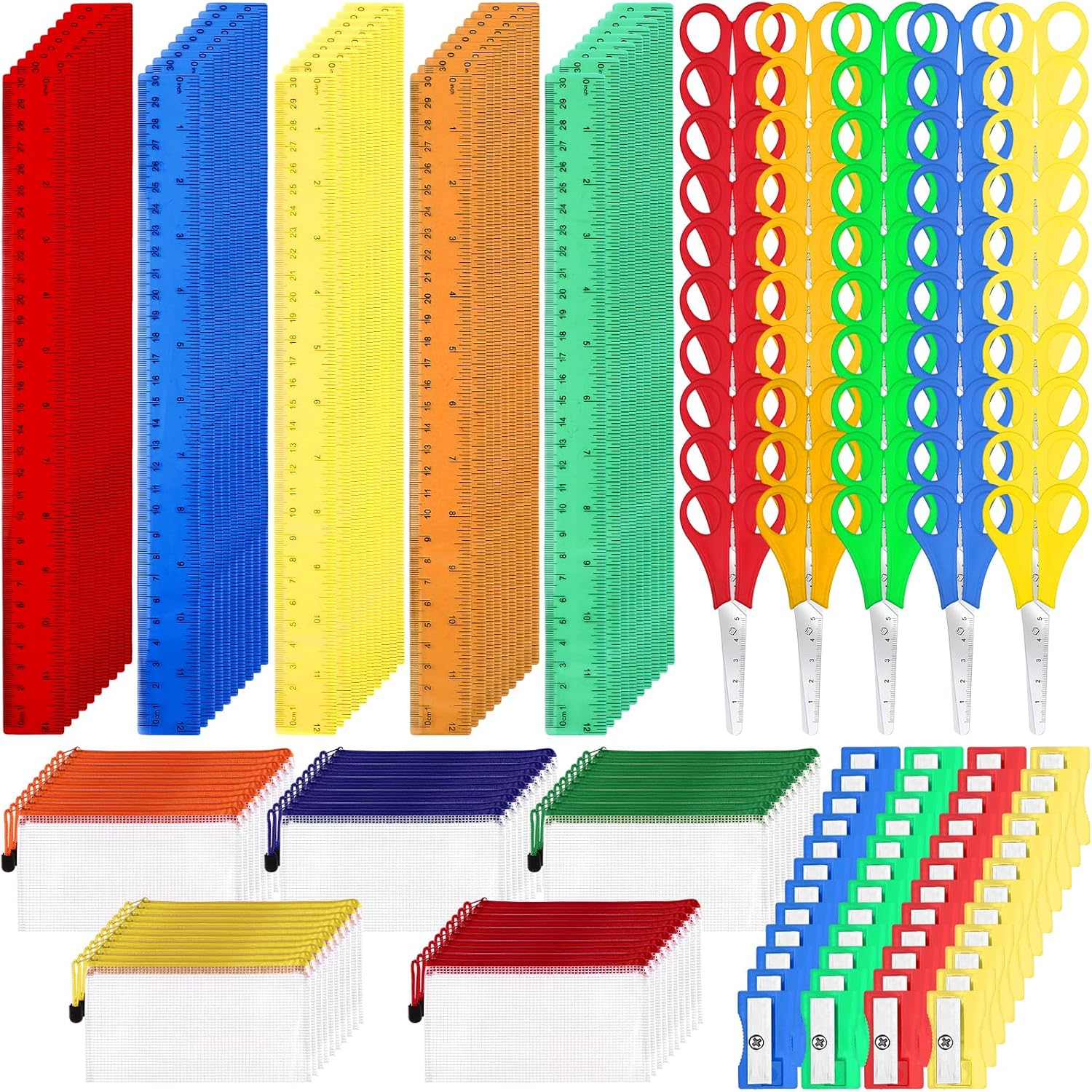 200Pcs Operation Pencil Pouch Bulk School Supplies Kit Include 50 Pencil Sharpeners,Mesh Zipper Pencil Cases,Safety Blunt Tip Student Scissors Charity Box Packing for Office File