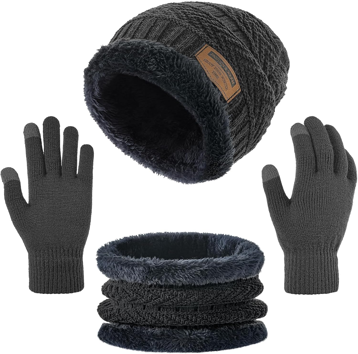 Kids Winter Beanie Hat Scarf Touchscreen Gloves Set for Boys Girls 5-15 Years Warm Skull Cap Fleece Lined Knitted Hat