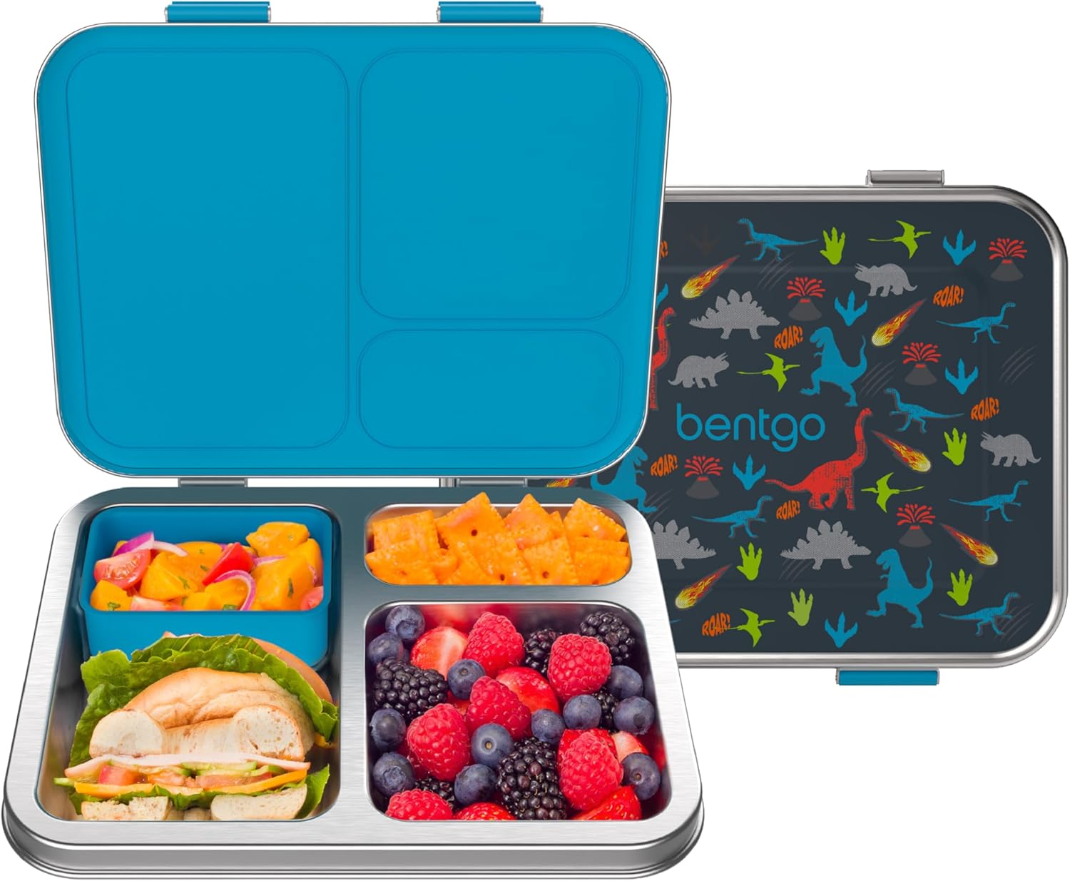 Bentgo Kids Stainless Steel Prints Leak-Resistant Lunch Box – 3-Compartments with Bonus Silicone Container, Durable, Eco-Friendly, Dishwasher Safe, BPA-Free, Ideal for School, Ages 3+ (Dinosaur)