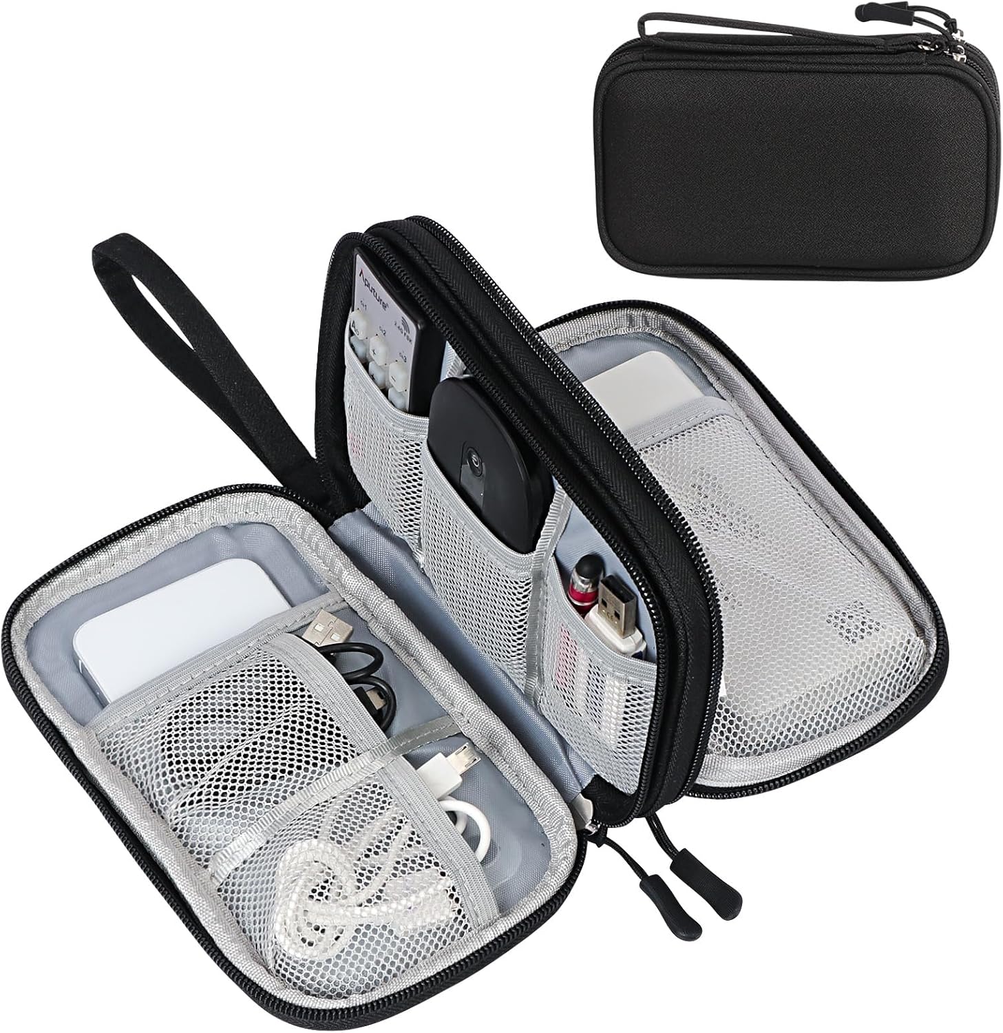 FYY Electronic Organizer, Travel Cable Organizer Bag Pouch Electronic Accessories Carry Case Portable Waterproof Double Layers Storage Bag for Cable, Cord, Charger, Phone, Earphone, Medium, Black