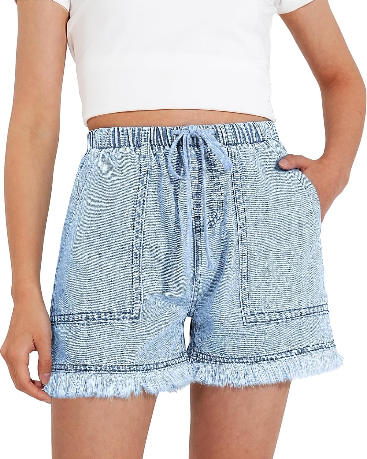BOOPH Little Girls Jean Shorts Denim Elastic Waist Drawstring Shorty Shorts for Teen Girls