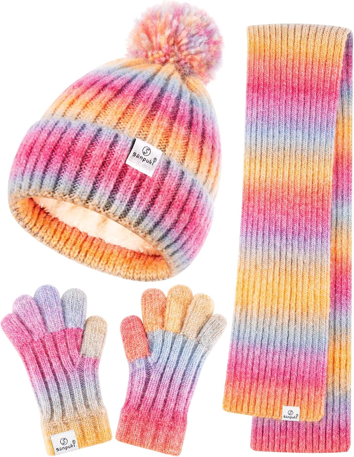 Kids Winter Beanie Gloves Scarf Set,Girls Toddler Winter Hat With Pom Neck Warmer Gaiter Mittens Fleece Lined Set