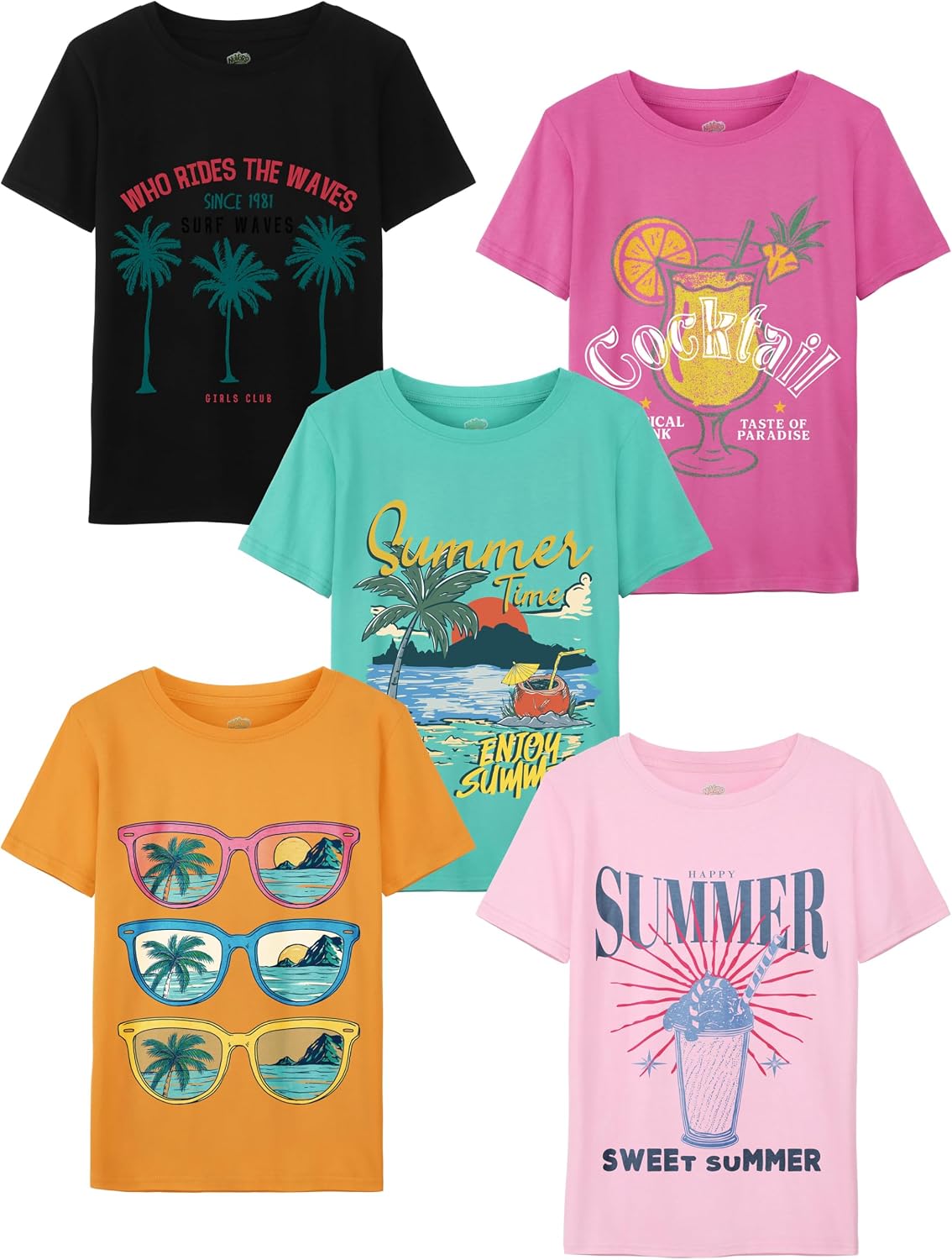 5 Pack Girls Shirts Cotton Graphic Shirts for Girls Short Sleeve T-Shirts Kids Summer Top Tshirts Clothes
