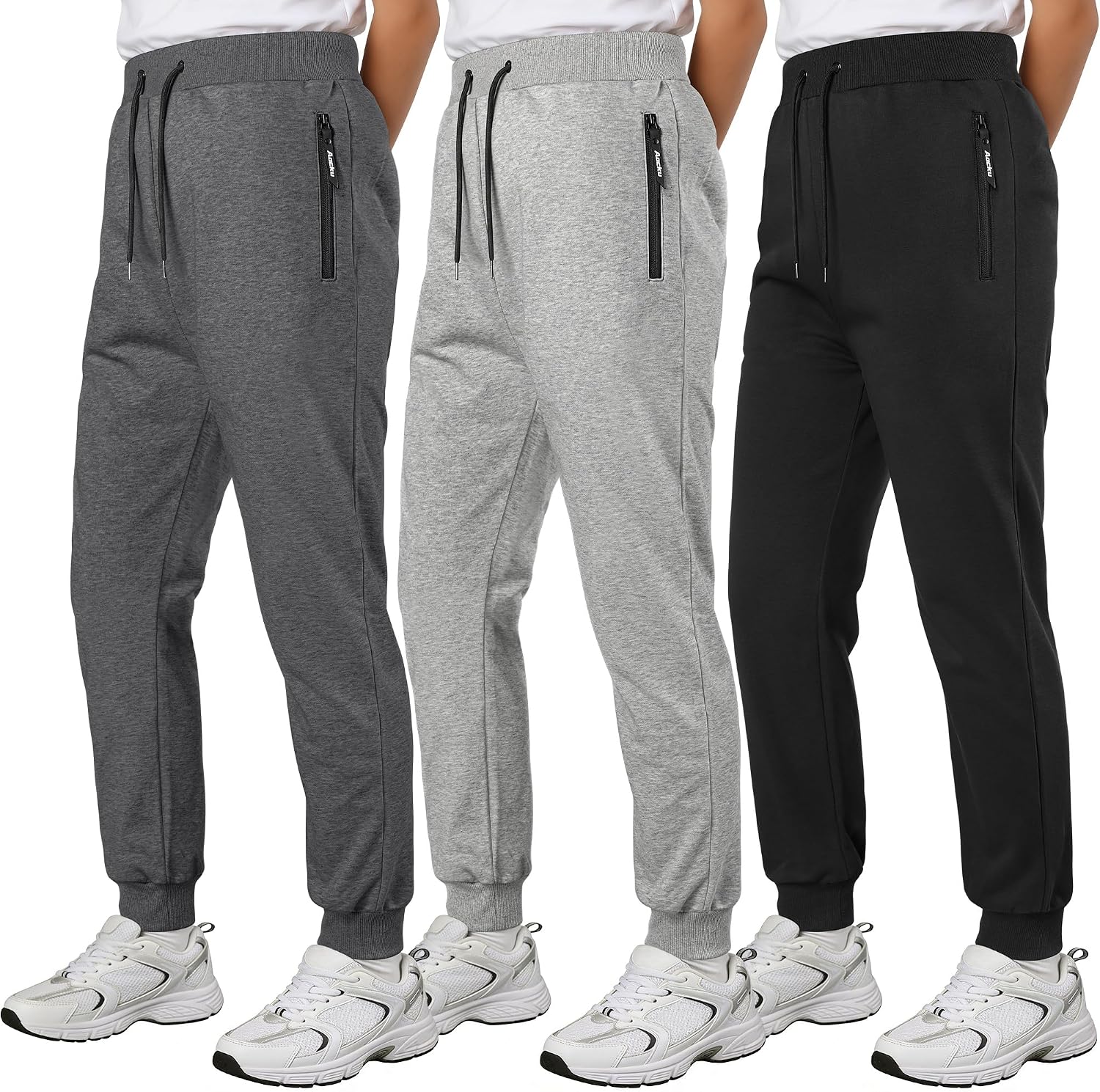 3 Pack Boys Sweatpants Cotton Boys Pants Athletic Joggers for Kids Teens Youth with Zip Pockets Drawstring