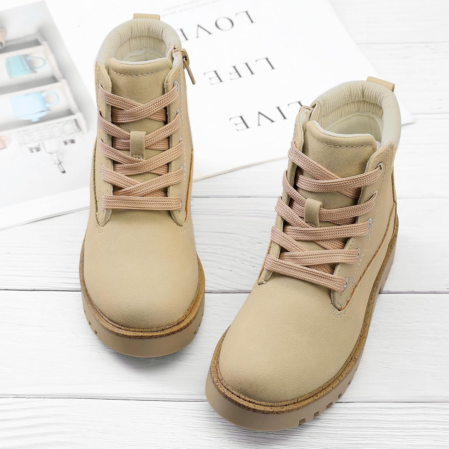 MIXIN Girls Boys Combat Hiking Snow Boots Waterproof Non-Slip Fashion Work Ankle Boots with Lace Up Side Zipper for Little Big Kids