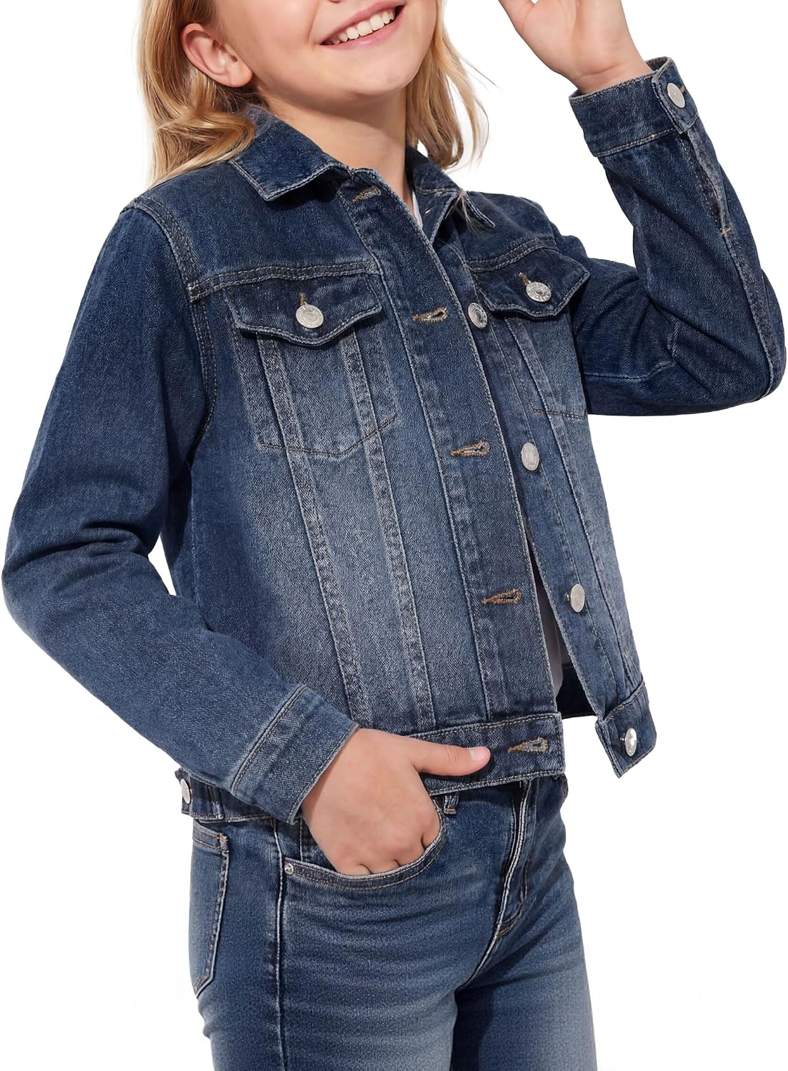 PATPAT Girl’s Basic Denim Jacket with Flap Pocket Button，5-14Y