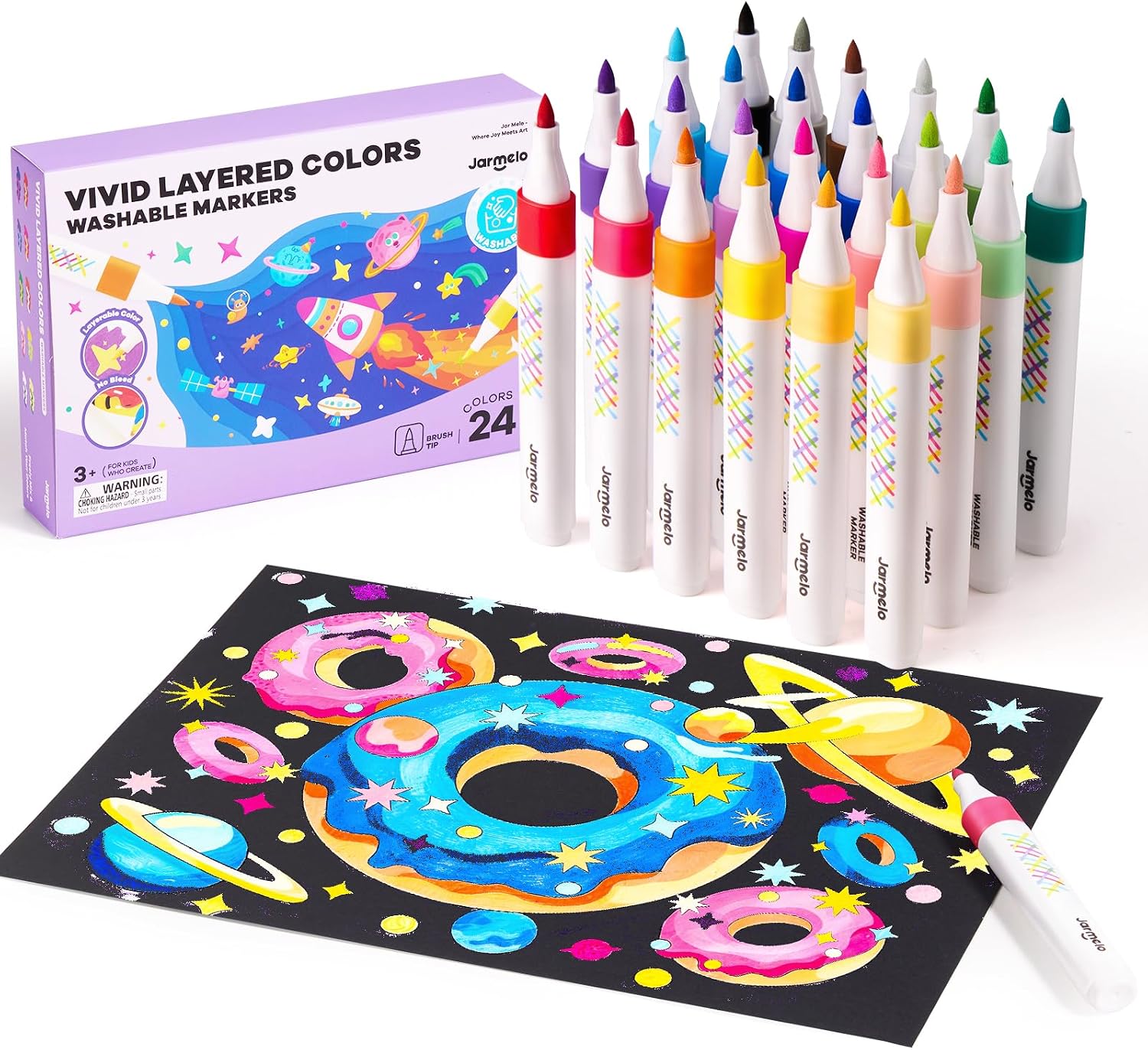 Jar Melo Super Washable Markers for Kids Age 4-8, Water Based Blendable Markers for Toddler Safe and Non-Toxic, Coloring Art Supplies for Preschool Gift, 24 Colors