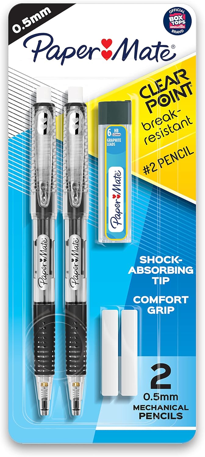 Paper Mate Clearpoint Mechanical Pencils, 0.5mm Break-Resistant HB #2 Lead, Eraser Refills, 2 Count