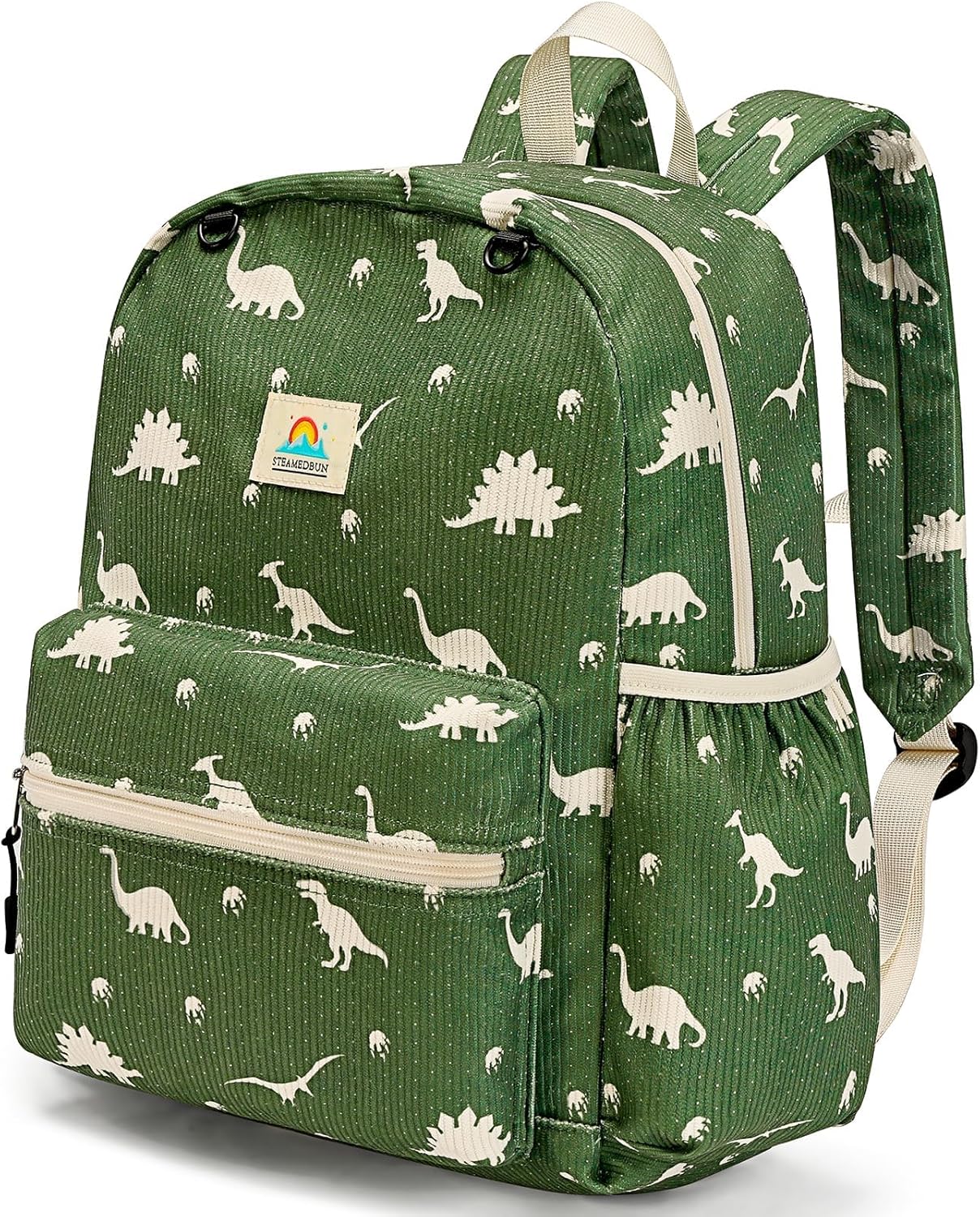 STEAMEDBUN Corduroy Kids Backpack for Boys and Girls 5-8: Boys Backpack for Elementary Kindergarten – 15 inch Cute Backpacks for Kids – Dinosaur