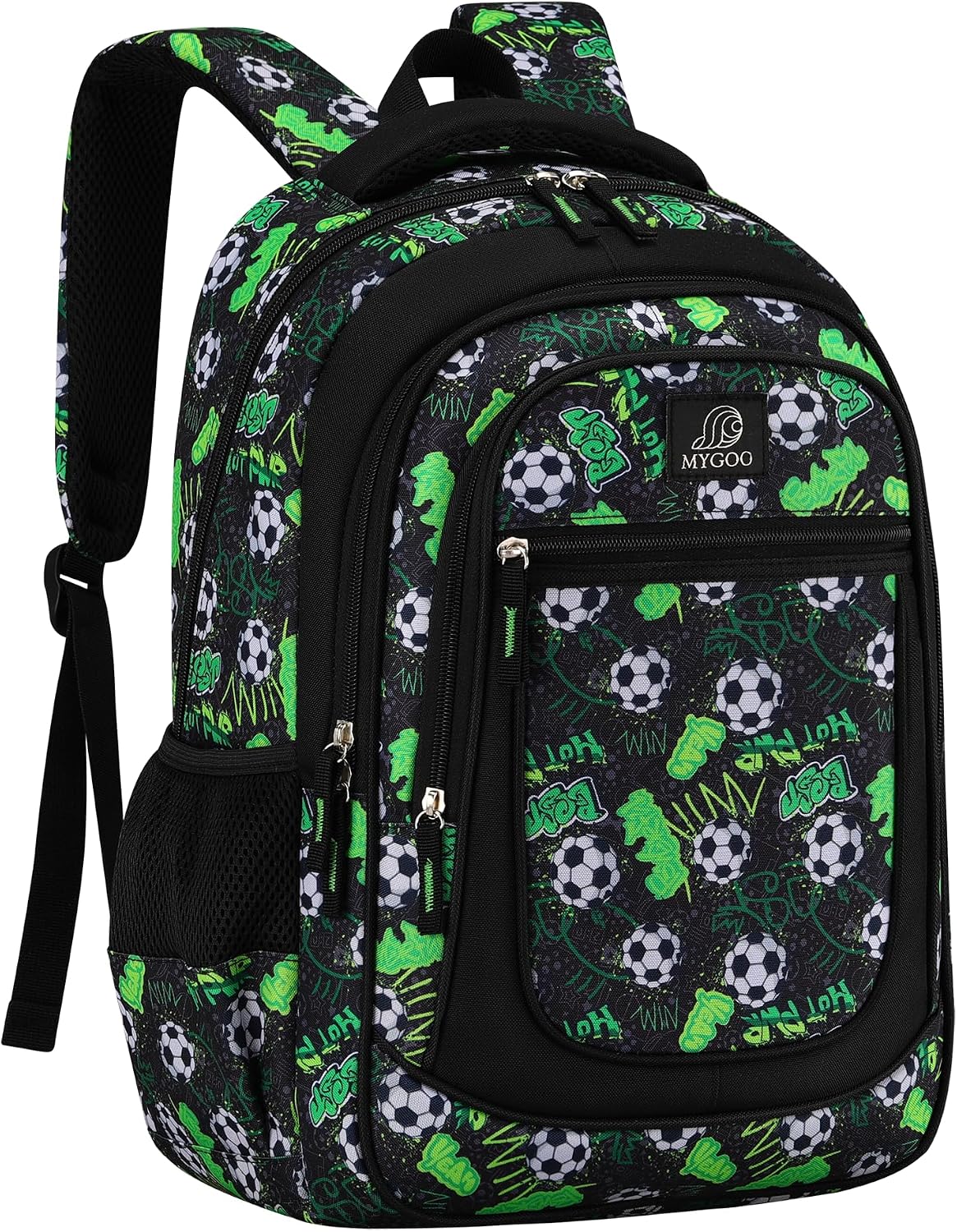 MYGOO Boys School Backpack Vineyard Soccer Green Bookbag for Elementary Middle School Ages 5-12, 17 inch Large Capacity 24L Kids Student Travel Bags