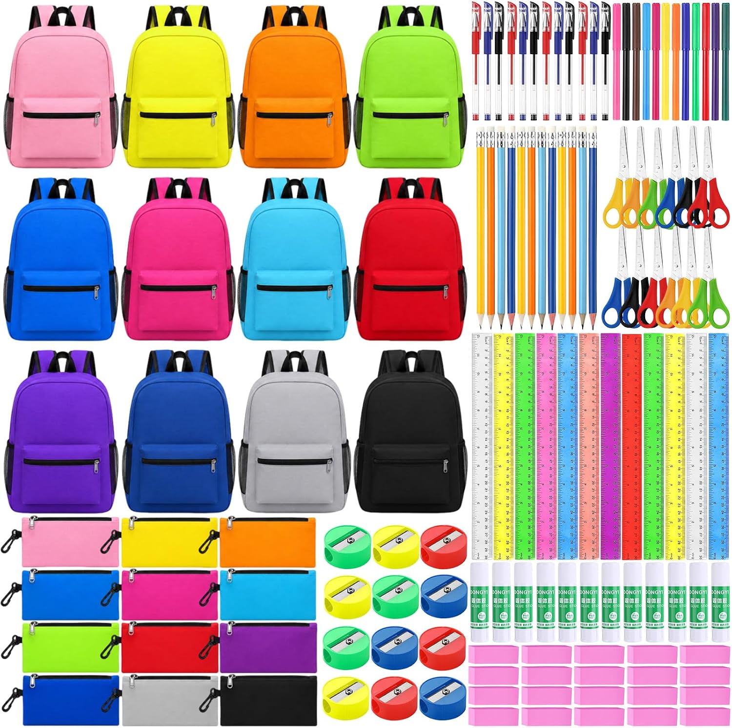 Gilprop 168 Pcs Backpacks Bulk with School Kits Pencil Bags Pens Rulers Glue Sticks Scissors Sharpeners Erasers (Classic)