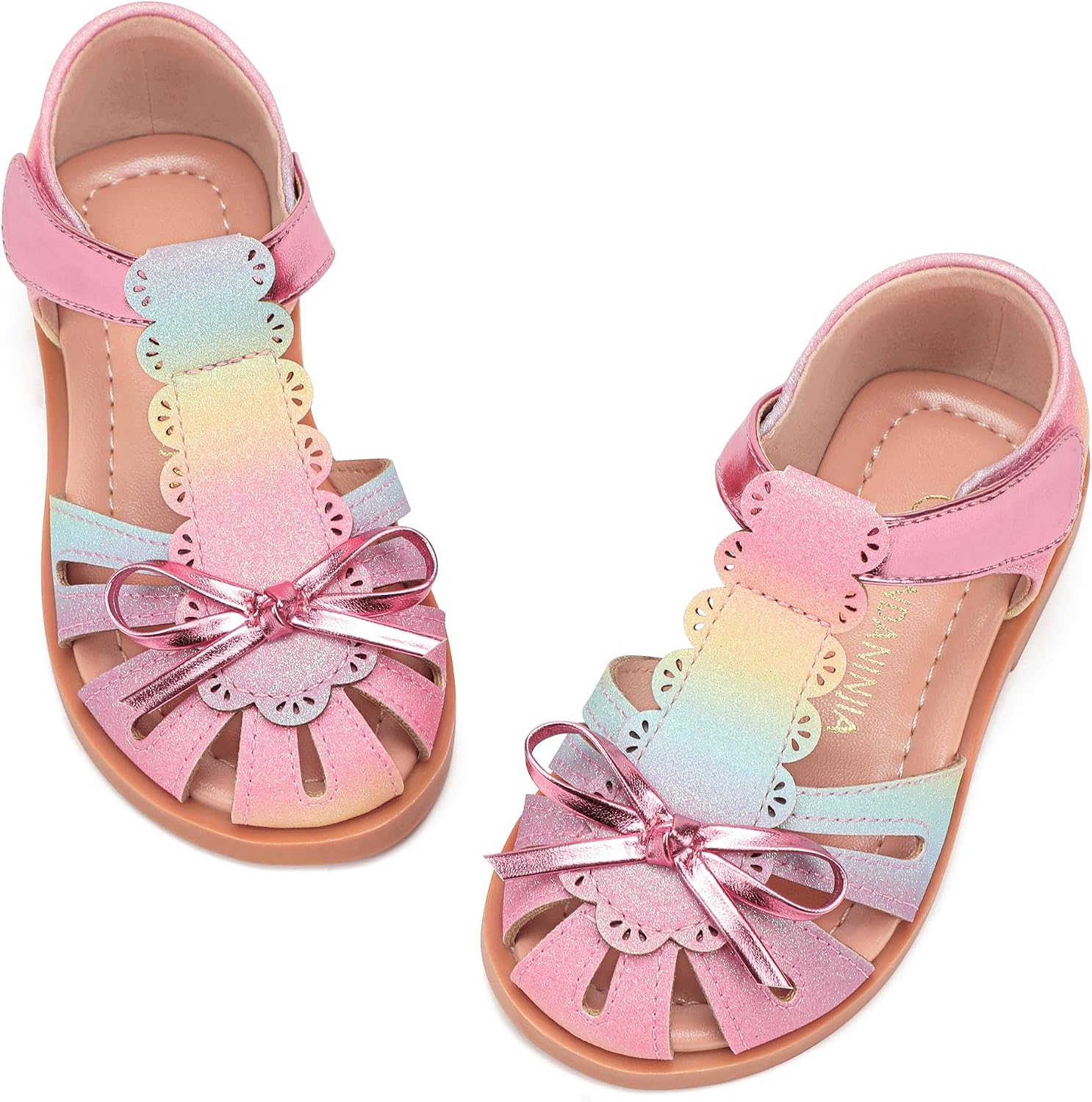 PANDANINJIA Toddler Girls Sandals Closed Toe T-Strap Kids Flower Girl Dress Summer Flats Sandals Cute Bow Shoes
