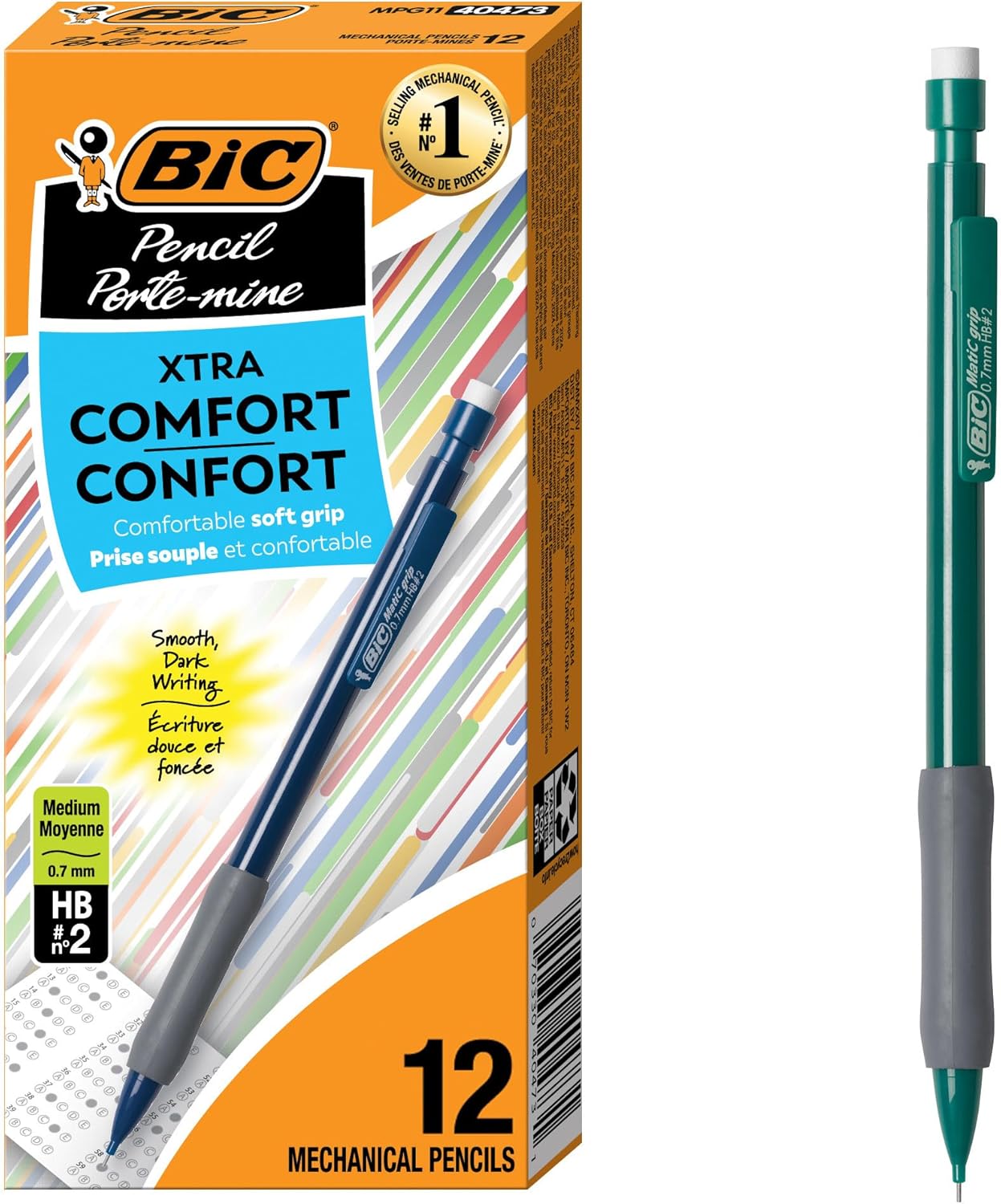 BIC Xtra Comfort Mechanical Pencils with Erasers, Medium Point (0.7mm), 12-Count Pack, Bulk Mechanical Pencils for School or Office Supplies