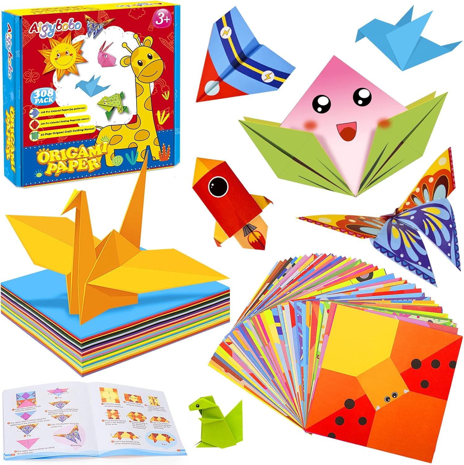 Origami Paper Set, 308PCS Kids Craft Paper Kit with Instructional Book for Girls Age 6,7,8,9,10,11,12, Art Projects Supplies for School Class Craft Lessons- Christmas Birthday Gifts for Boys&Girls