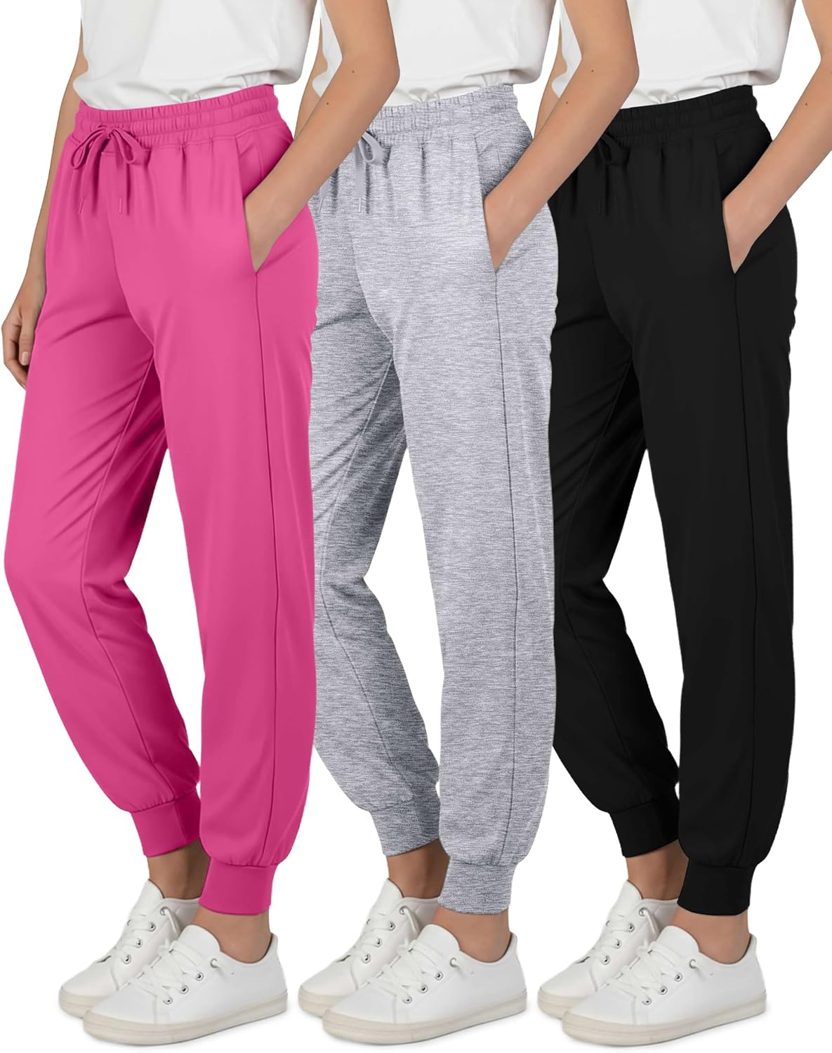 Real Essentials 3 Pack: Girls’ Dry-Fit Jogger Sweatpants – Kids Teens Running Athletic Pants with Pockets (Sizes: 4-16)