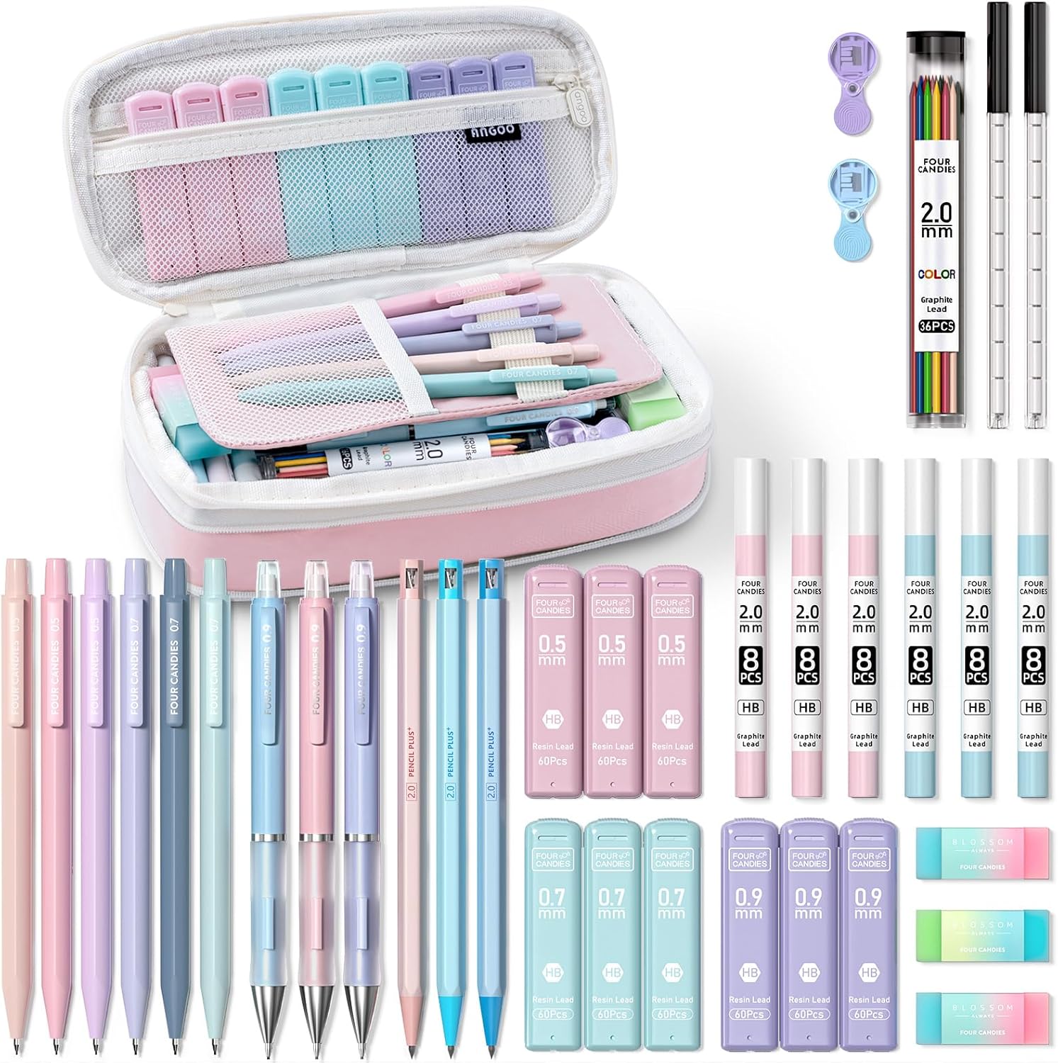 Four Candies 36PCS Aesthetic School Supplies, Mechanical Pencils 0.5mm, 0.7mm, 0.9mm & 2.0mm with 624PCS Lead Refills, Cute Mechanical Pencil Set for Writing, Drawing & Drafting (Pink)