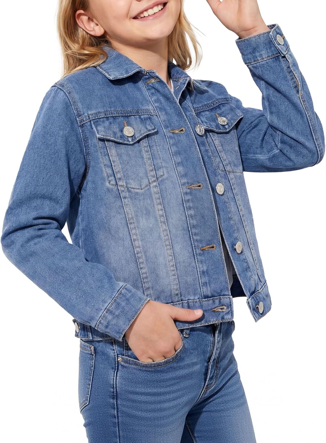 PATPAT Girl’s Basic Denim Jacket with Flap Pocket Button，5-14Y