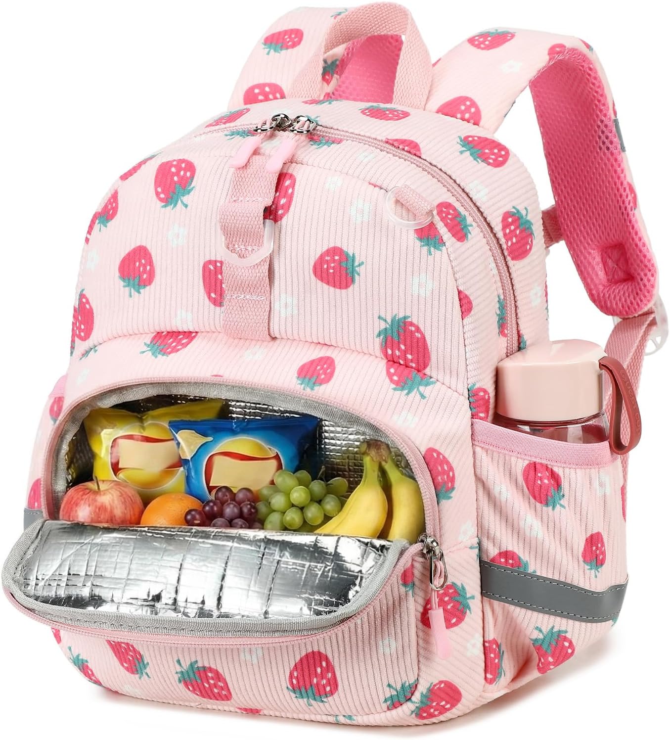 LOIDOU Toddler Backpack for Girls, 12-Inch Mini Preschool Backpack for Ages 2–4, Insulated Snack Pocket, Lightweight Daycare & Travel Bag, Pink Strawberry