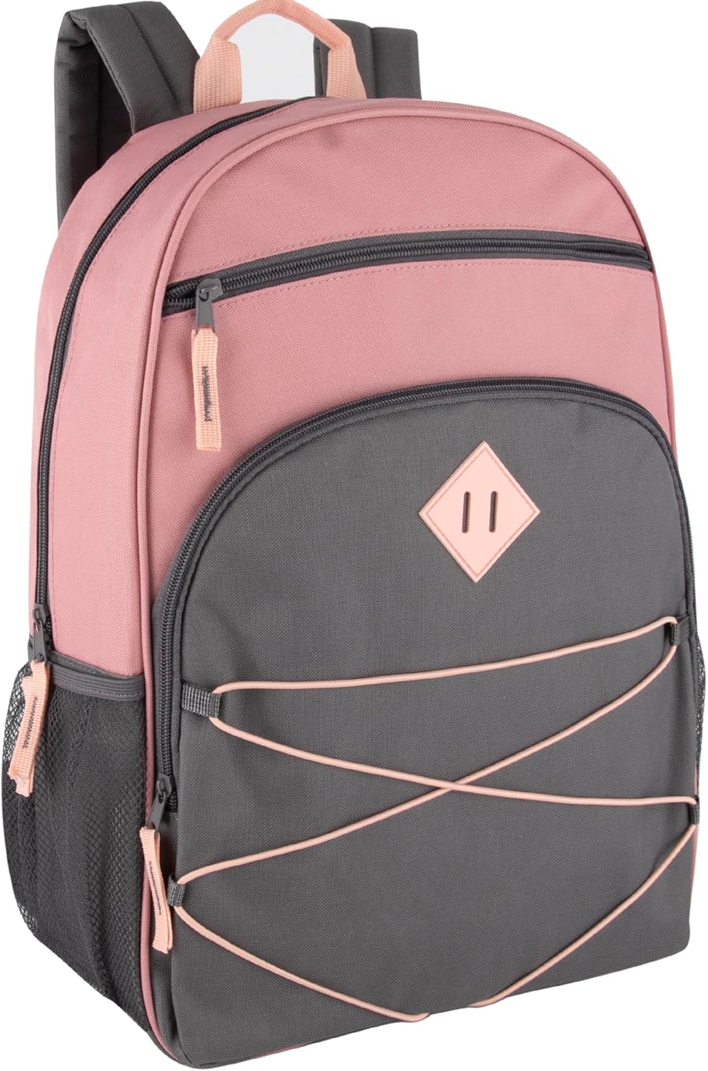 Summit Ridge Boys and Girls School Backpacks with Bungee Cord Front | 17” Multi Pocket Backpack for Kids, Teens, Adults, Travel (Pink/Grey)
