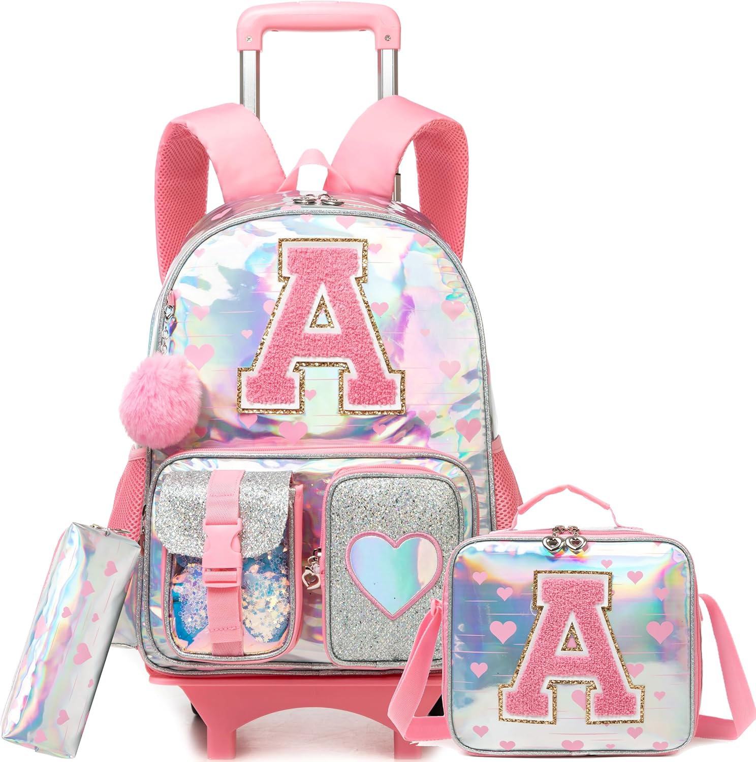 Meetbelify Rolling Backpack for Girls Backpack with Wheels for Elementary Student Kids School Bag with Lunch Box Pencil Case for Girls Ages 6-8 Years Old Pink A
