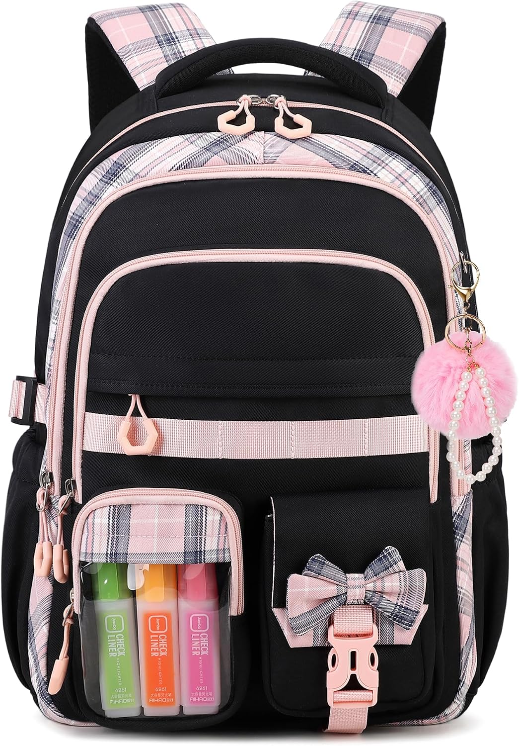 Girls Backpack, 17-Inch Bookbag for Middle & Elementary School, Kawaii Kids Backpack for Girls Ages 6-12(Black Pink)
