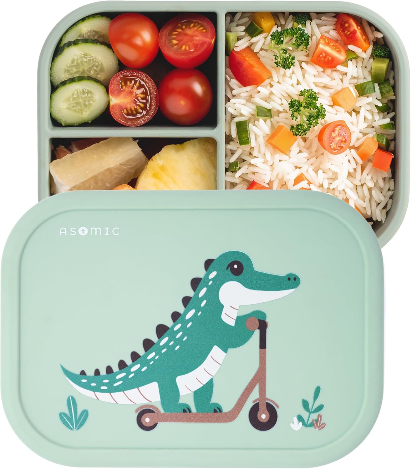 ASOMIC® Silicone Bento Box for Toddlers & Kids | Leakproof, 3 Compartments, BPA-Free | Microwave, Dishwasher & Freezer Safe | Daycare, Preschool & School (Crocodile)