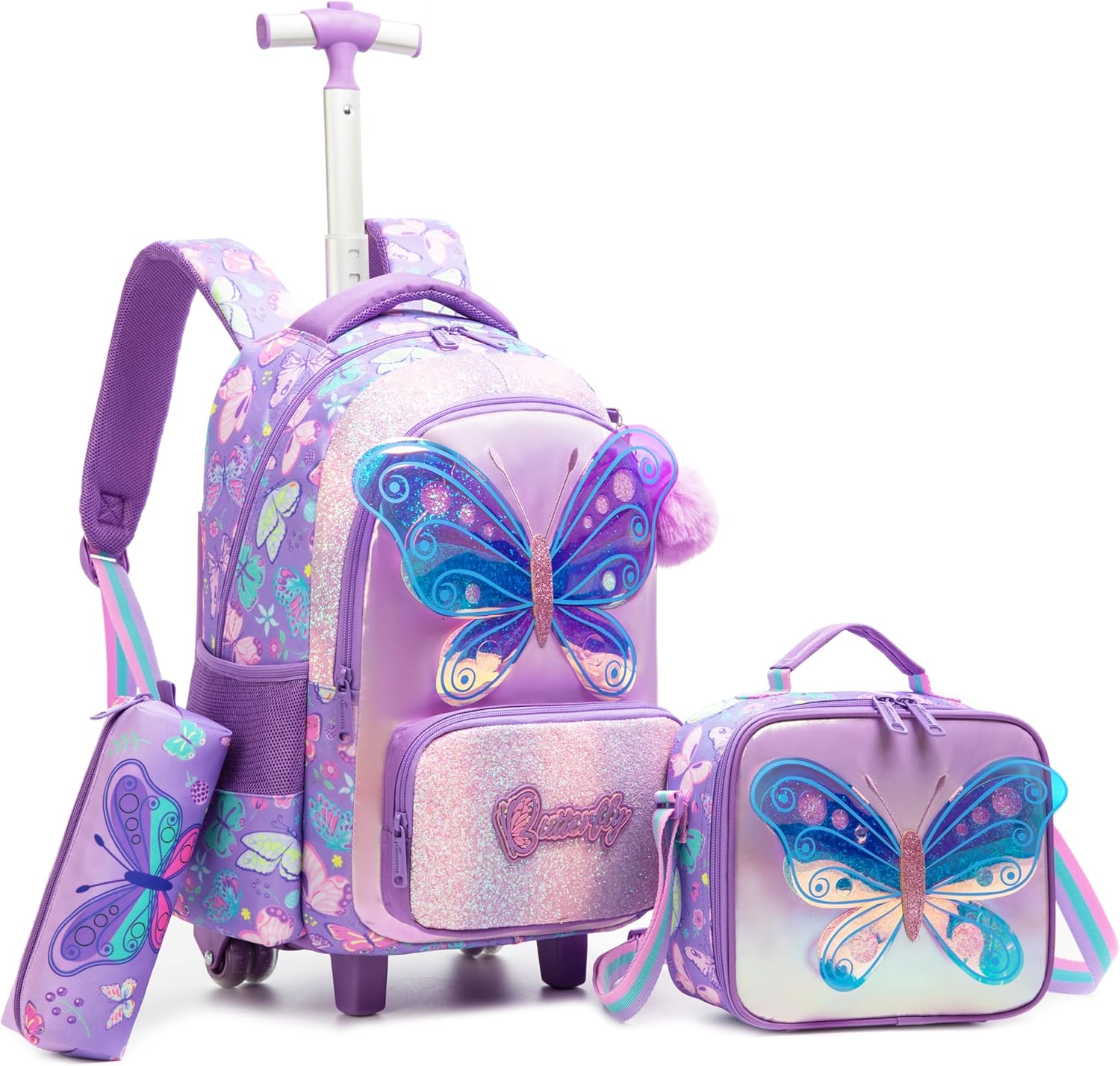 Meetbelify Girls Rolling Backpack with Wheels for Kids 3D Butterfly School Roller Backpack,Carry on Travel Luggage with Lunch Bag and Pencil Case for Girls Ages 5-12