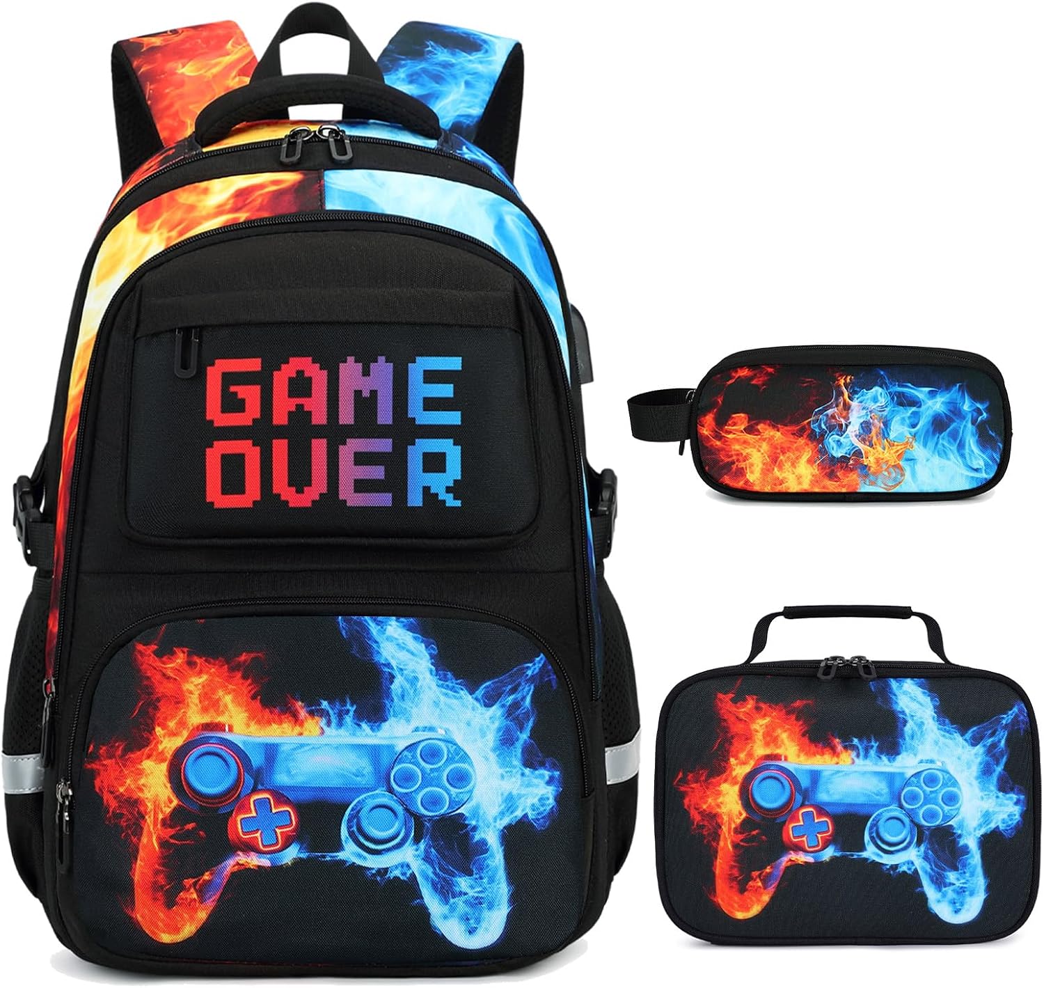 3PCS School Backpack for Boys, Cool Gamer Boys Backpack with Lunch Box and Pencil Case for Kids Kindergarten Teens Elementary Middle School Bag with Convenient Charging Port,Gaming Bookbag Waterproof