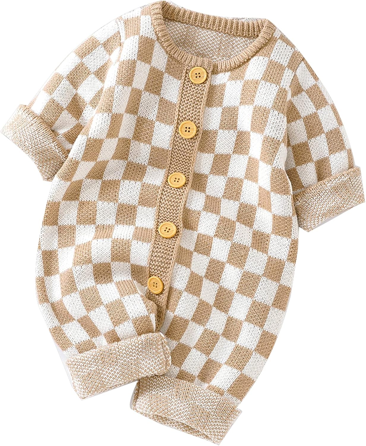 Unisex Baby Girl Boy Knitted Romper Jumpsuit Checkerboard Plaid One Piece Button Down Sweater Playsuit Clothes