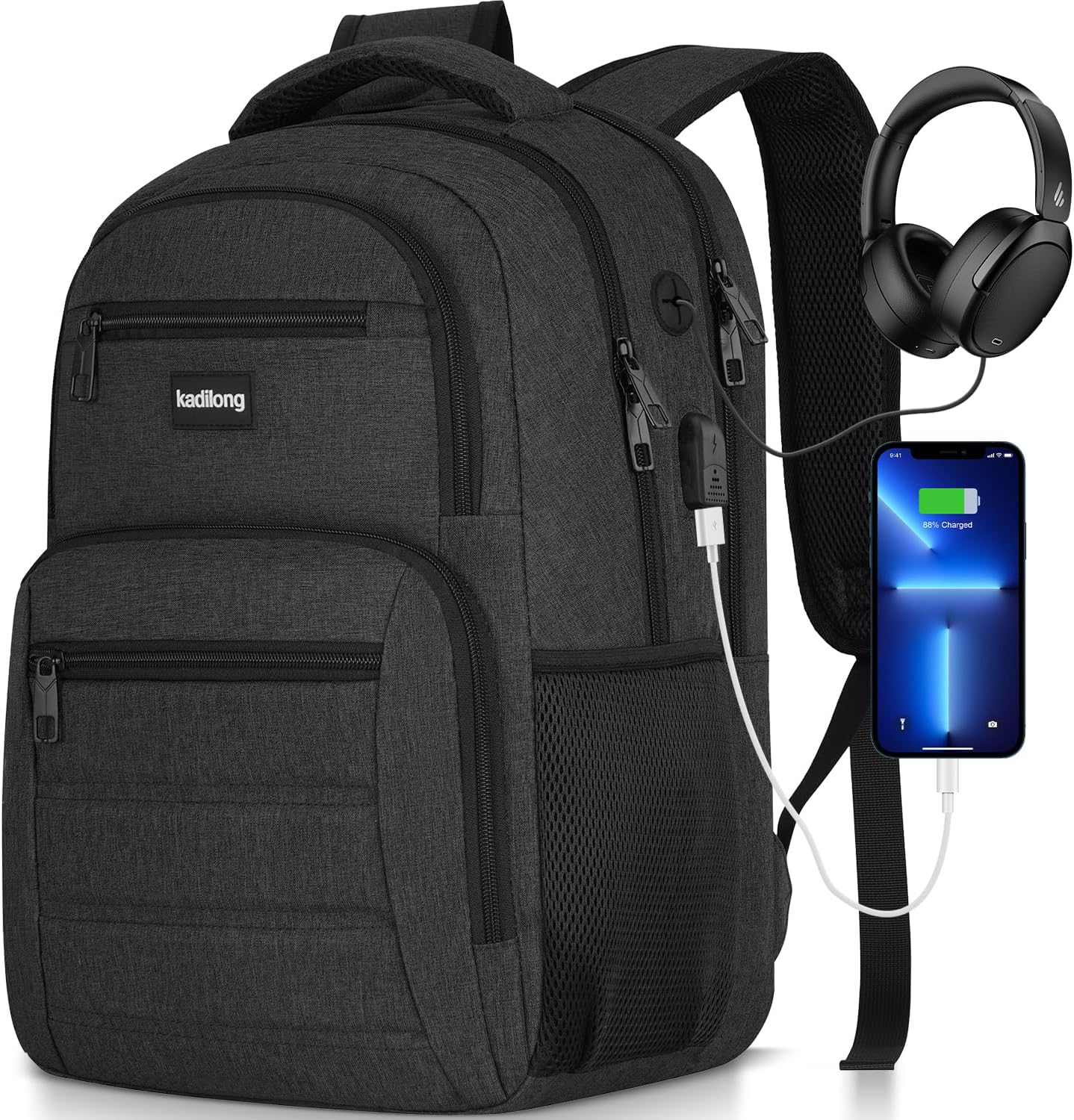 kadilong Laptop Backpack Men Book Bag for Women,School Backpacks for Teen Boys with USB Charger,Back Pack Anti Theft with 15.6 Inch Laptop Compartment for Business College High School,Black