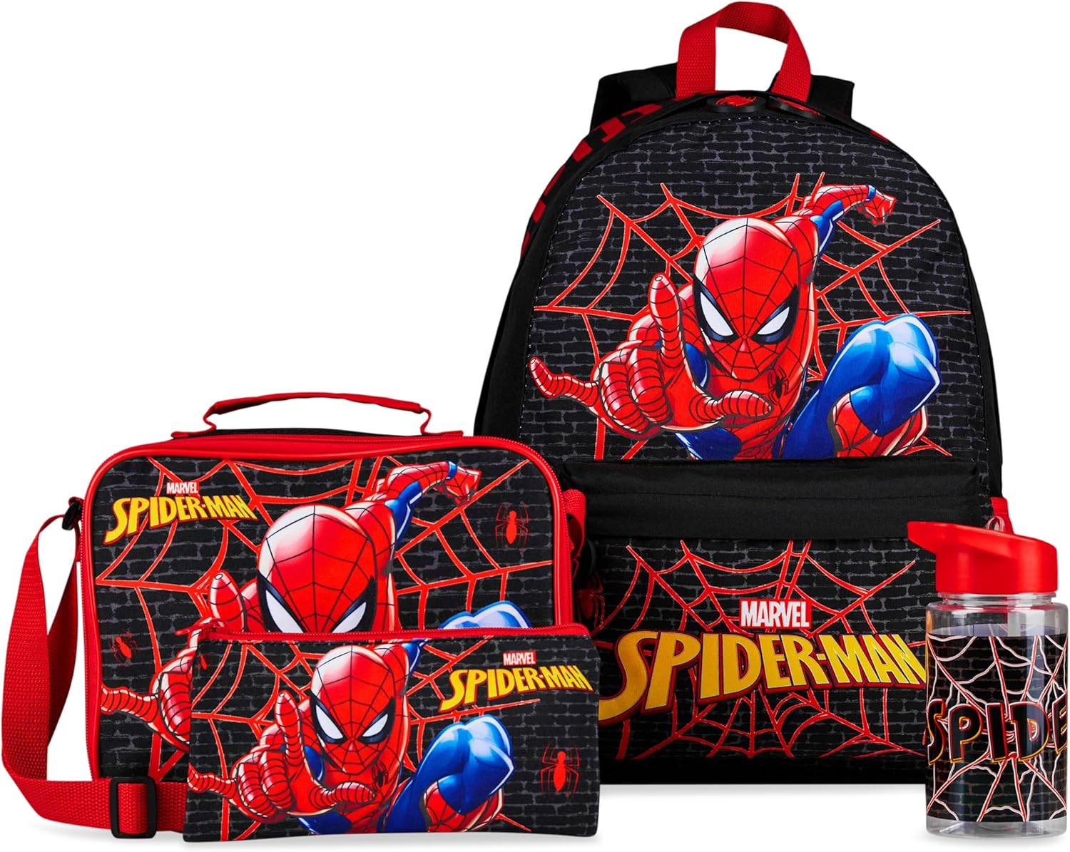 Marvel Spiderman Backpack Lunch Box Water Bottle Pencil Case 4 pc Set for Boys Girls Bookbag Picnic Backpacks Gifts for Kids