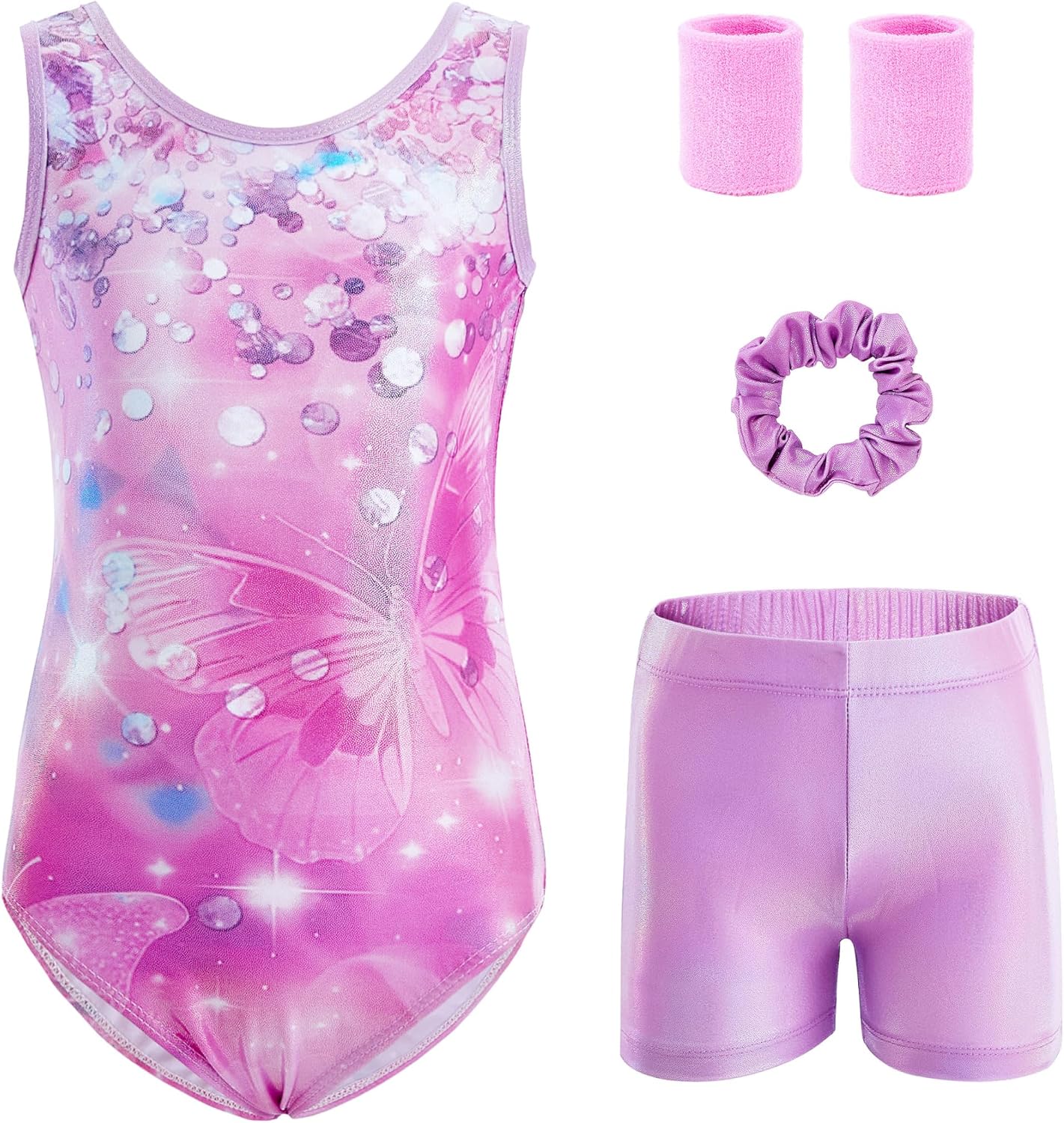 5-Piece Gymnastics Leotards for Girls with Shorts Scrunchie & Wristbands Toddler/Kids Dance Outfit