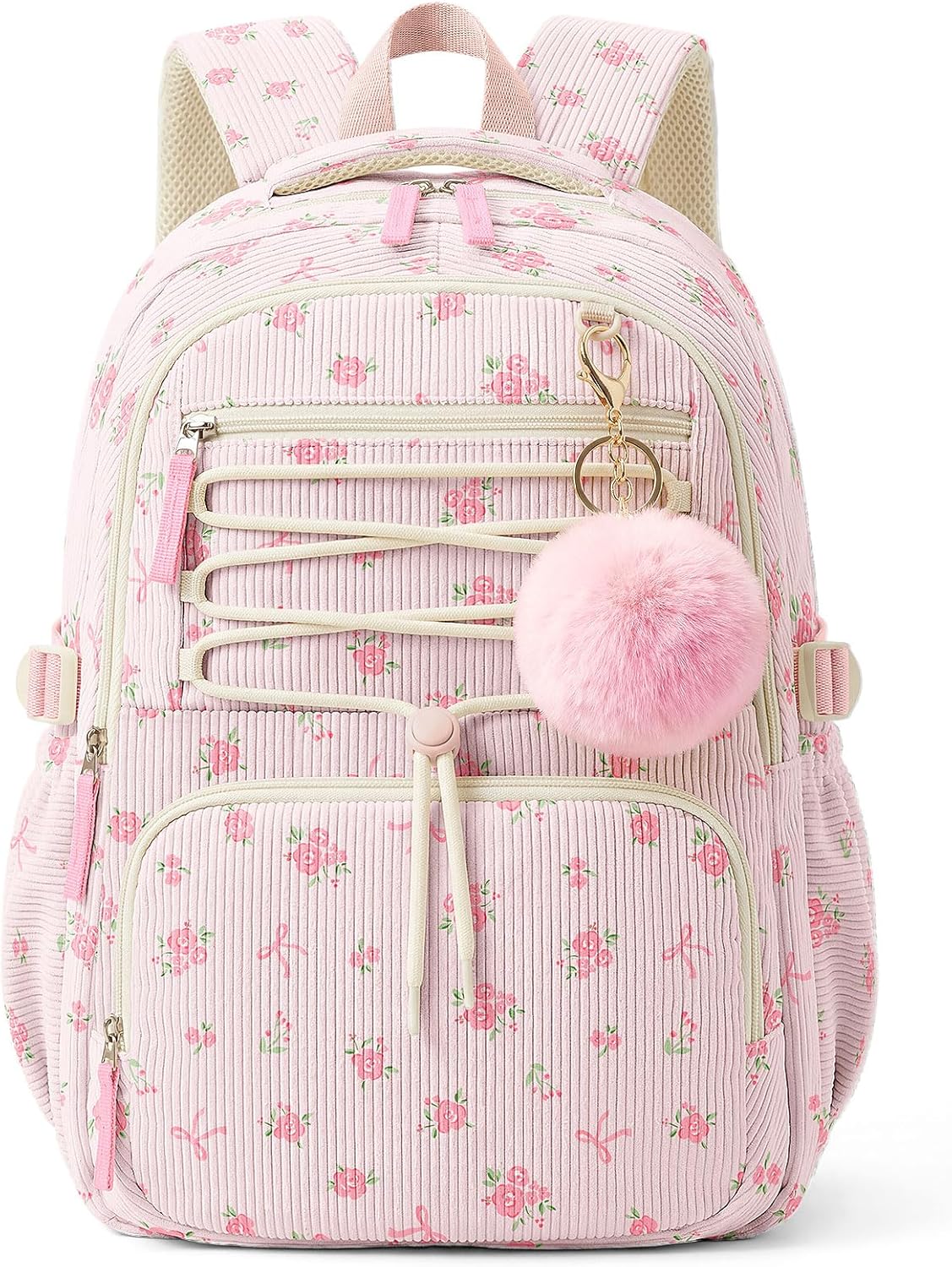 WOBAGMEN Corduroy Backpack for Kids Girls,Cute Aesthetic School Backpack with Multi-Pocket,Lightweight Bookbag Fits 15.6″ Laptop,Large Capacity Casual Daypacks for Middle High School College, Pink Bow