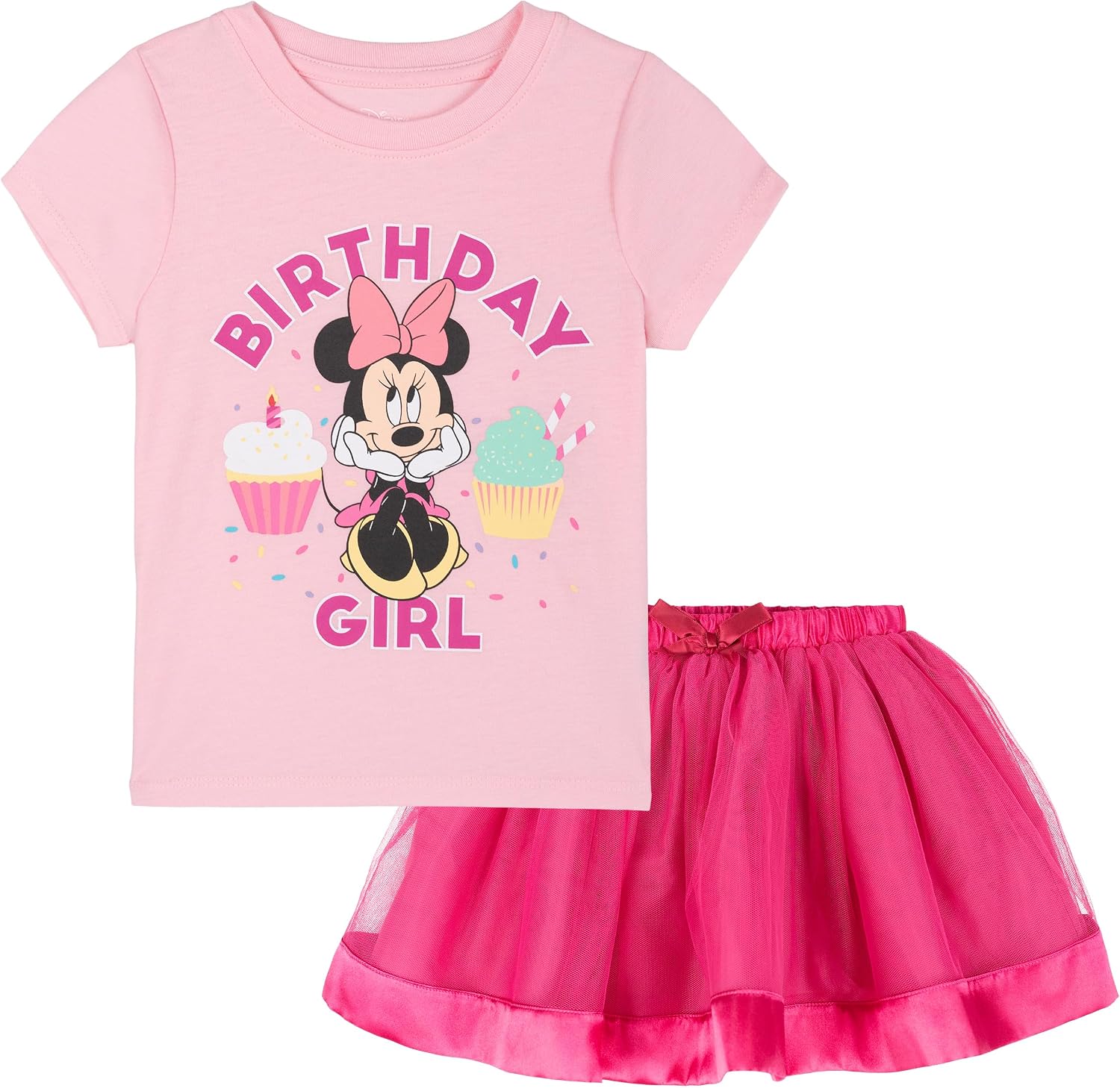 Disney Birthday Girls T-Shirt and Tulle Skirt Outfit Set Toddler to Big Kid Sizes (2T – 14-16)