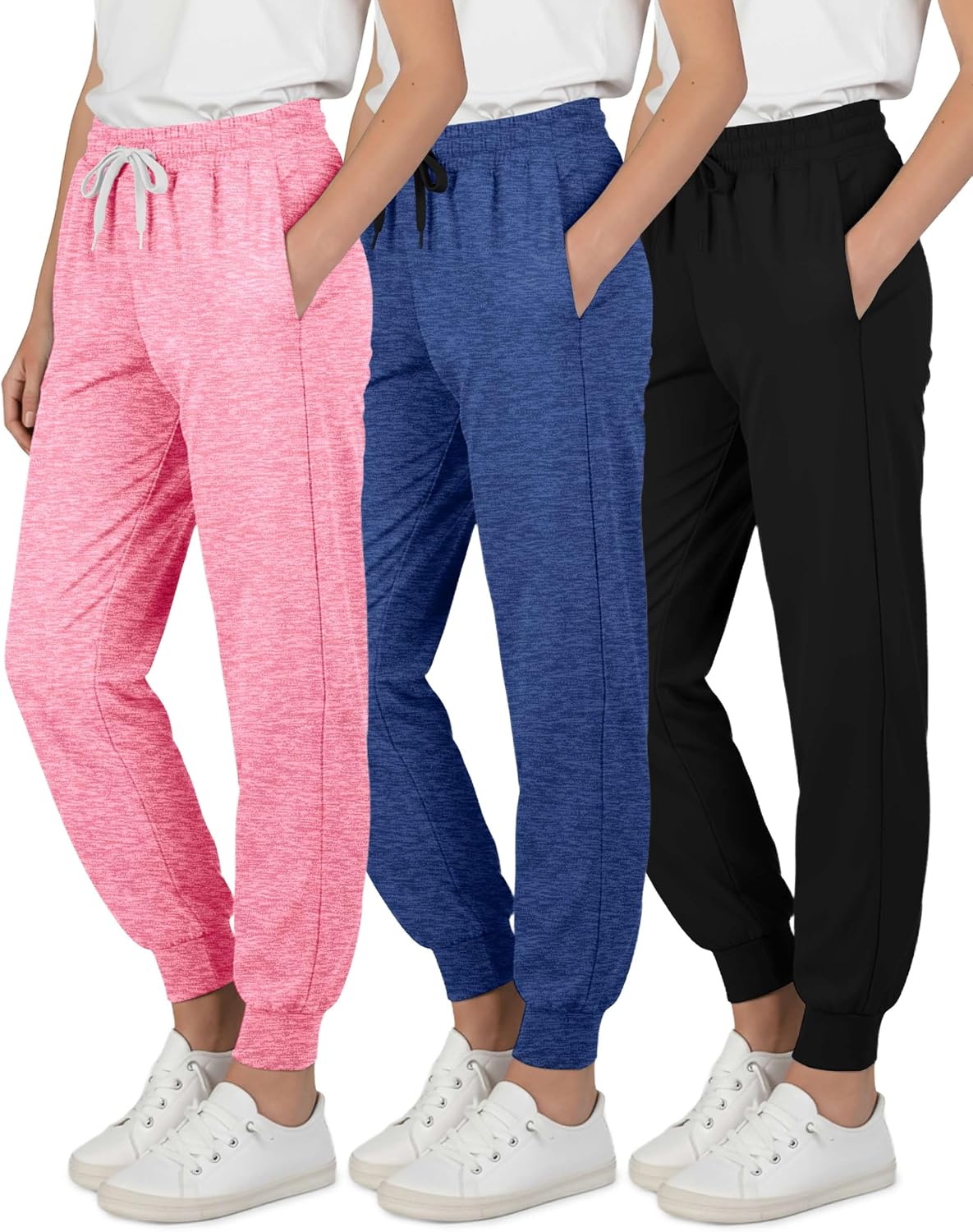 Real Essentials 3 Pack: Girls’ Dry-Fit Jogger Sweatpants – Kids Teens Running Athletic Pants with Pockets (Sizes: 4-16)