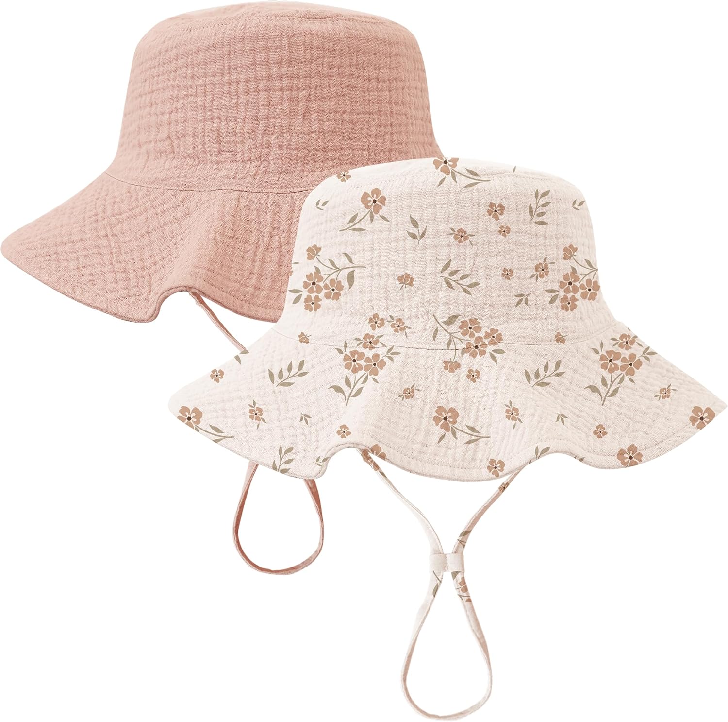 Konssy 2 Pack Muslin Baby Sun Hat UPF 50+ Sun Protection Baby Bucket Hat Summer Beach Hats with Wide Brim for Boys & Girls