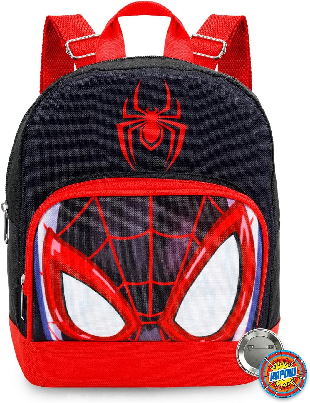 Spiderman Mini Backpack – 10″ Exclusive Woven Miles Morales Small Backpack with Front Pocket and Button Bundle | Adjusts to Fit Adults, Teens, Boys, Kids
