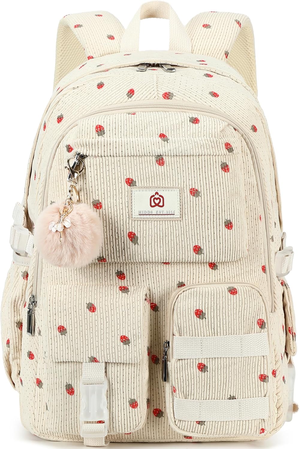 Hidds School Backpack for Teens Girls Women 15.6 Inch Laptop College Backpacks Corduroy Work Bag Kids Elementary Middle High Campus Bookbag Students Pack Travel Daypack Womens – Beige Strawberries