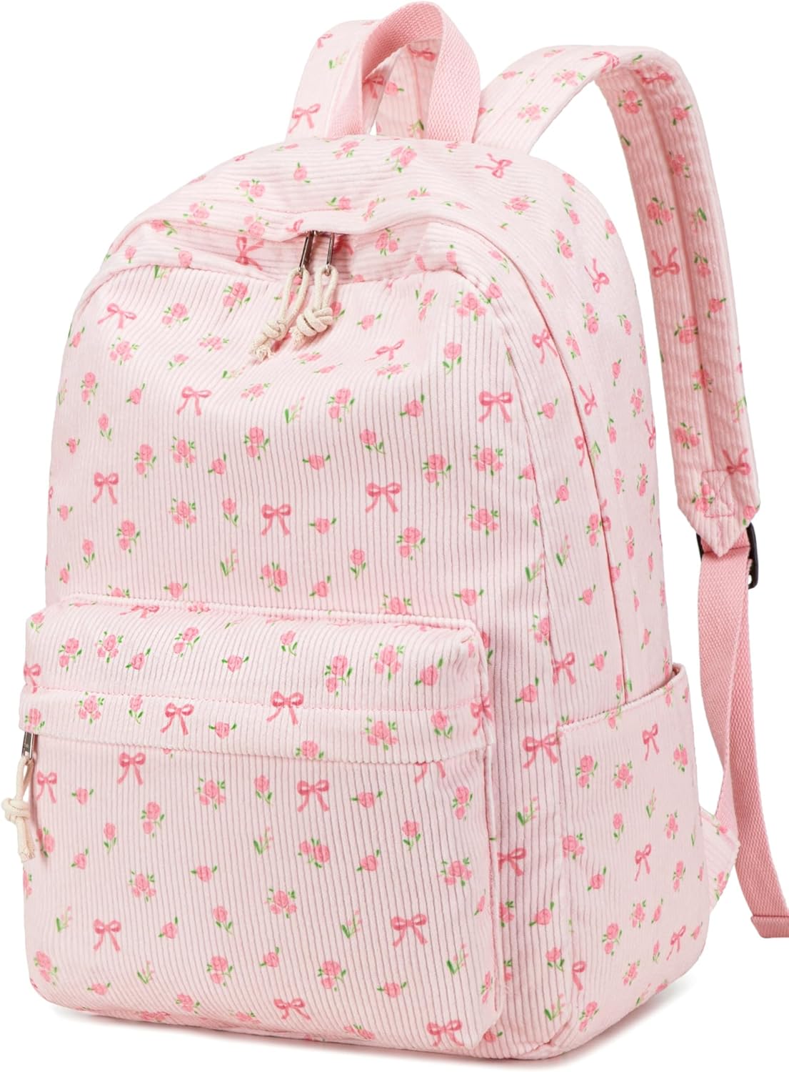 BTOOP School Backpack for Girls Teens Large Corduroy Bookbag Lightweight Casual High School College Backpacks 17 inch Laptop Travel Bag (Pink Bow Floral-1)