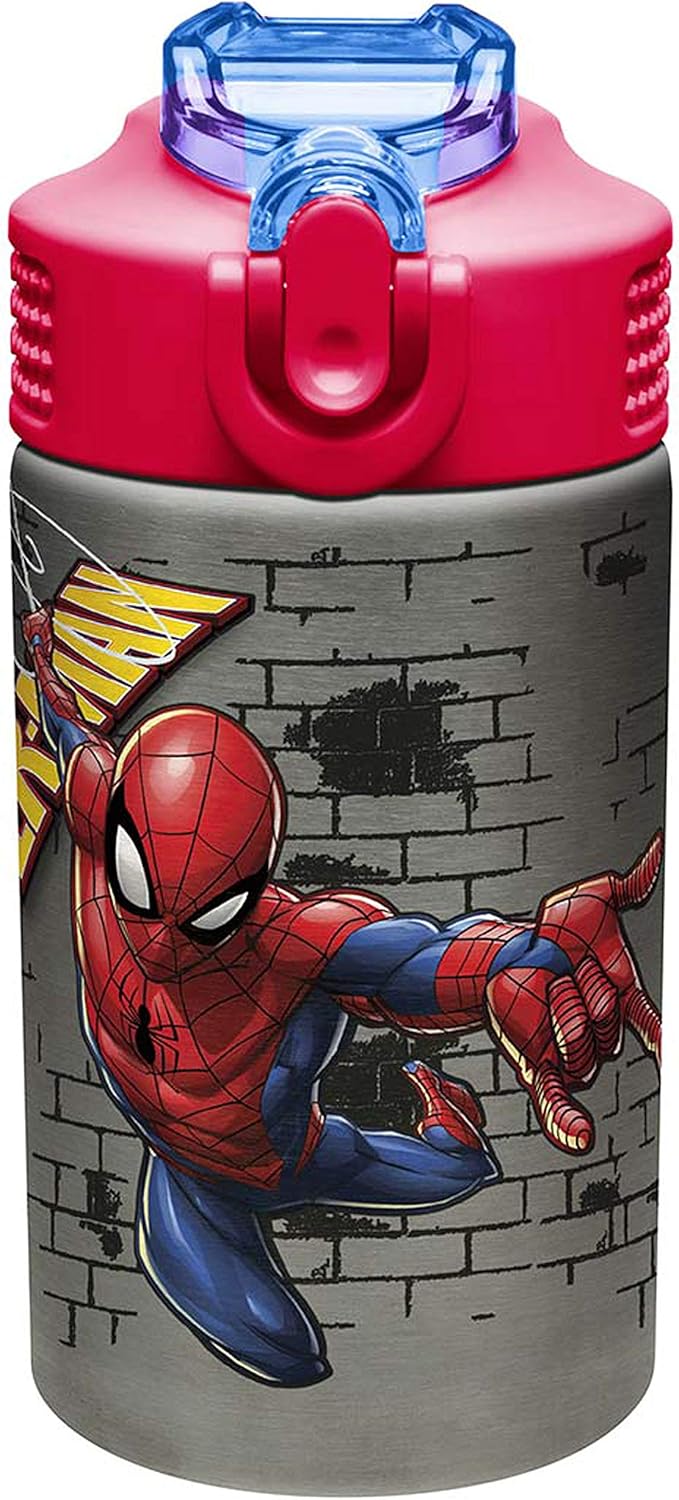 Zak Designs Stainless Steel One Hand Operation Lid and Built-in Carrying Loop Water Bottle with Straw Spout is Perfect for Kids (15.5 oz, BPA Free), 1 Count (Pack of 1), Marvel Comics Spider-Man