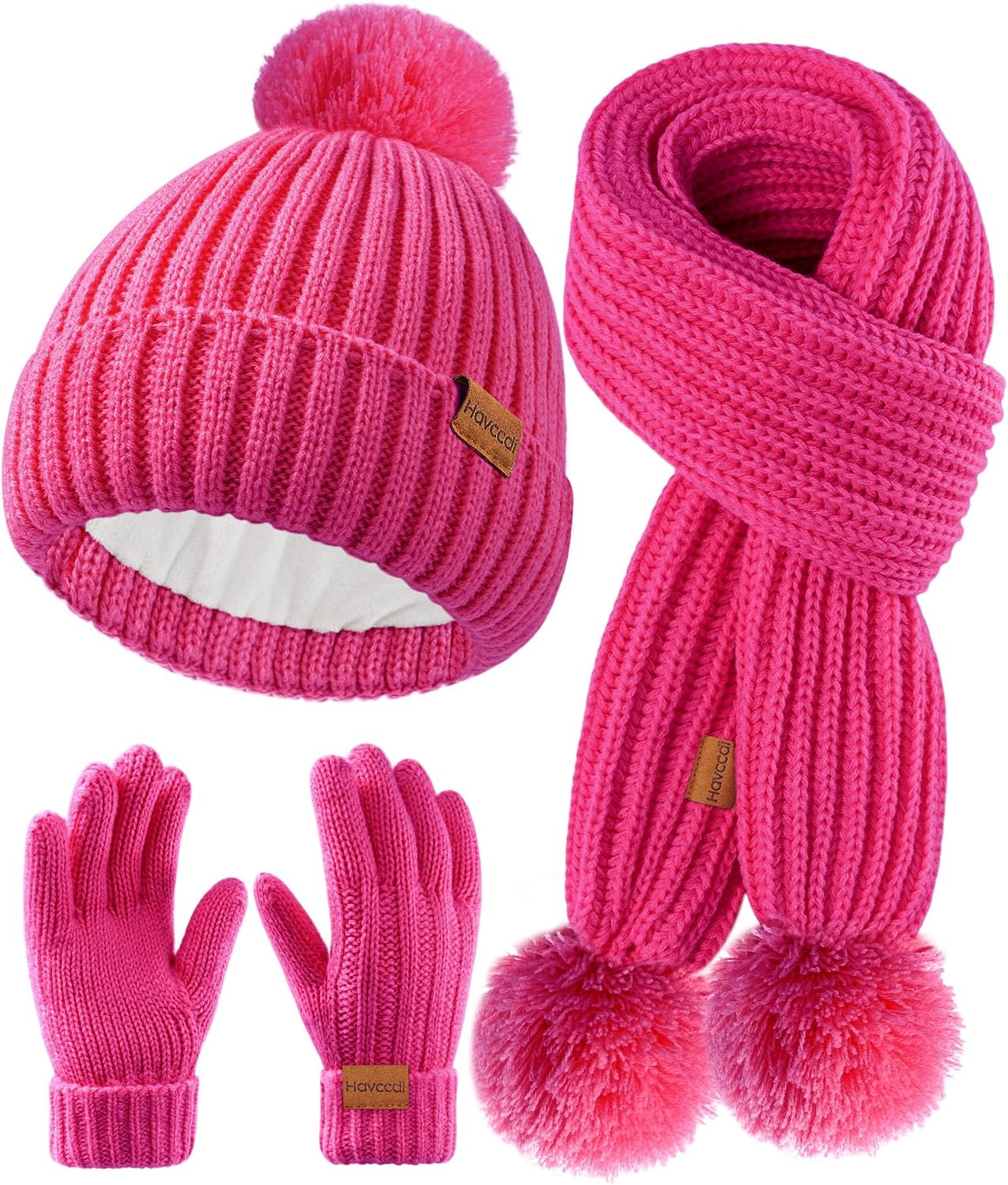 Kids Winter Hat Scarf Gloves Set – Girls Boys Fleece Lined Beanie Hat with Pom Knit Scarf Warm Mittens for Children