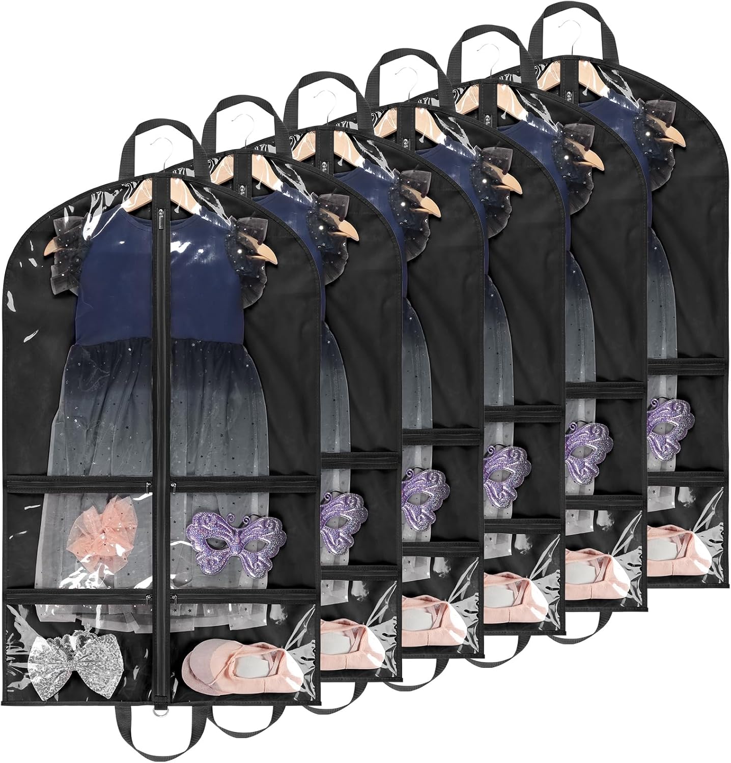 KEEGH Clear Garment Bags for Dance Costumes 40 inch Dance Garment Bags for Dancers Hanging Clothes for Closet Storage, with 4 Zipper Pockets for Dance Competitions, Ballet, Theatre, 6 Pack, Black