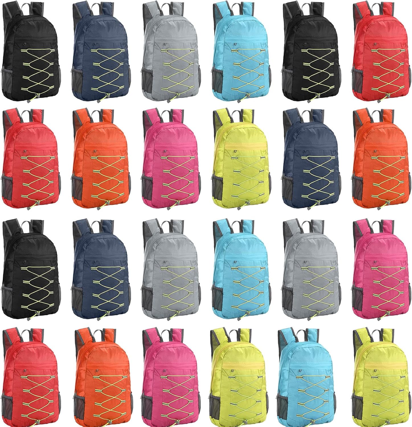 Dansydaisy 24 Pcs Backpacks in Bulk – 17 Inch Multicolor Foldable Backpacks with Elastic Draw Cord for Outdoor Travel, Camping