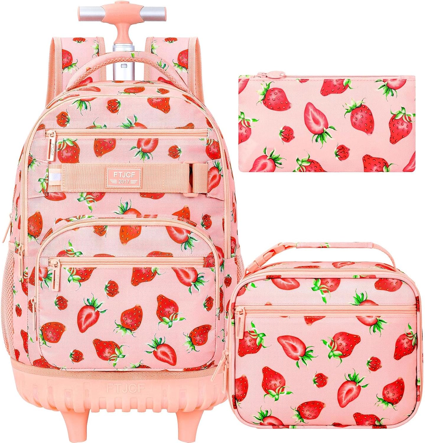 HPJGD Rolling Backpack for Girls, Womens Strawberry School Backpacks with Wheels, Water-Resistant Roller Kids Wheeled Bookbag Set with Lunch Box