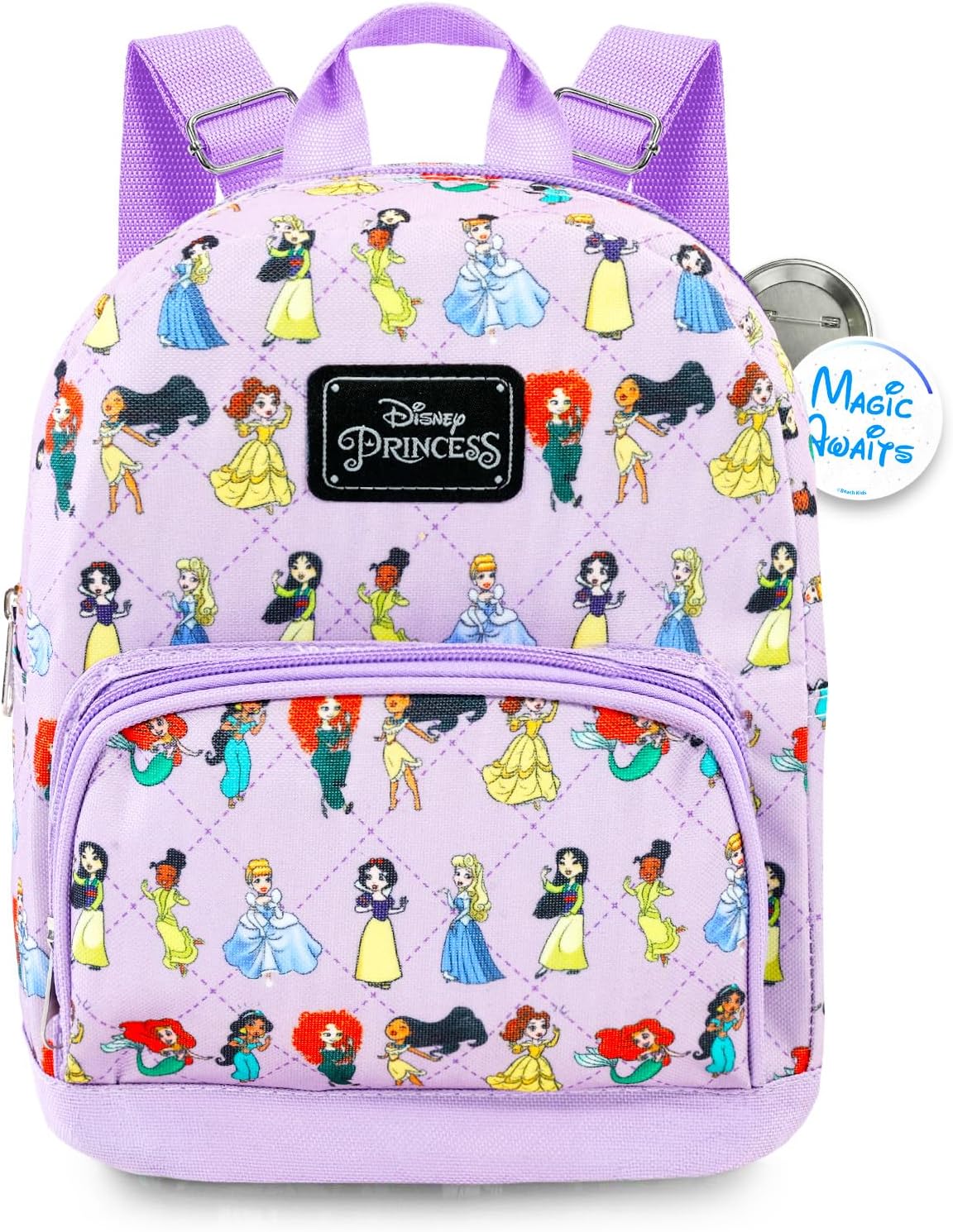 Disney Princess Mini Backpack – 10″ Iconic Woven Small Backpack with Front Pocket & Button Bundle | Adjusts to Fit Kids, Toddlers, Teens, Women, Girls